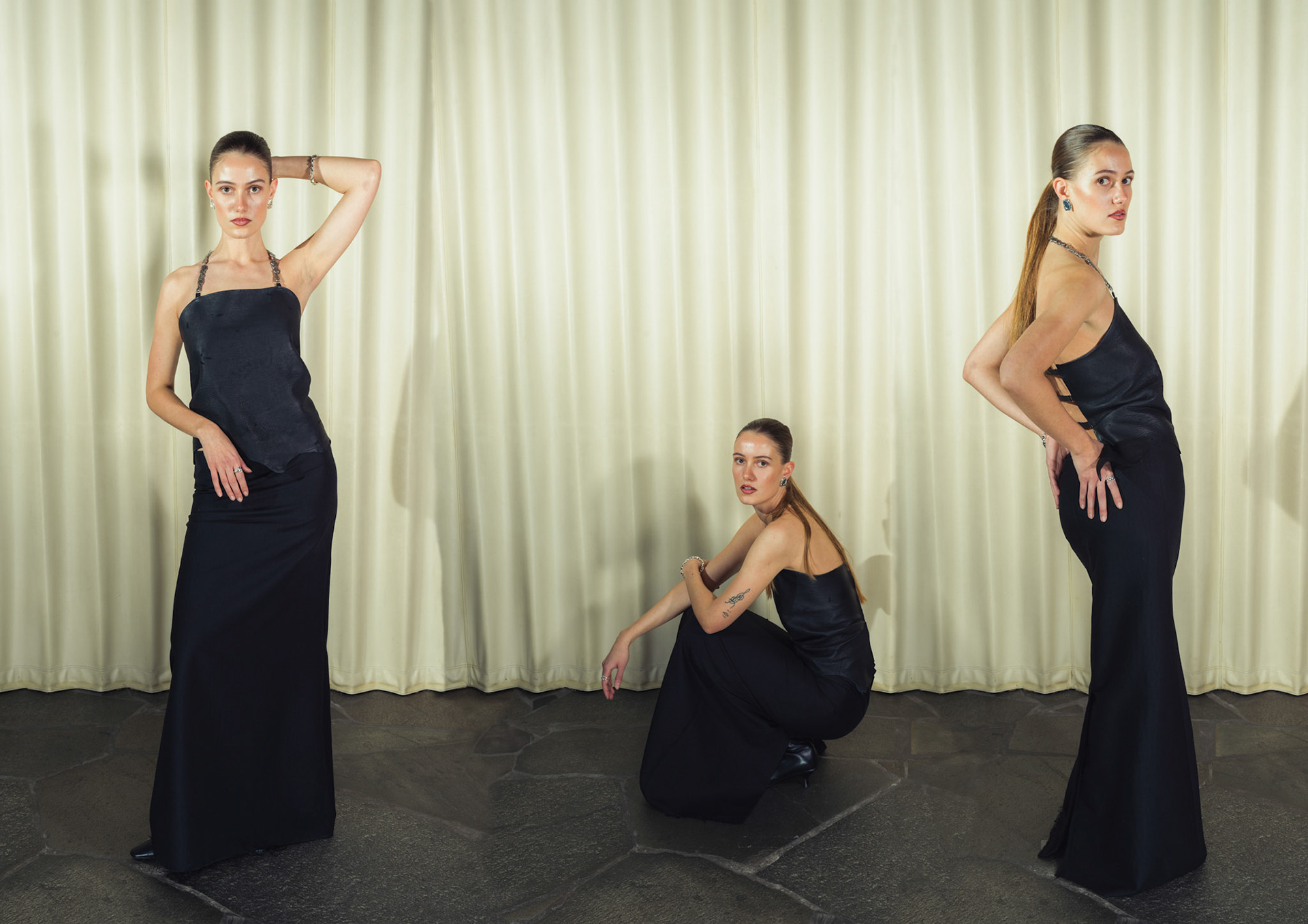 Draped raw edge deer leather top with handmade silver hardware, Jacquard silk wool maxi skirt