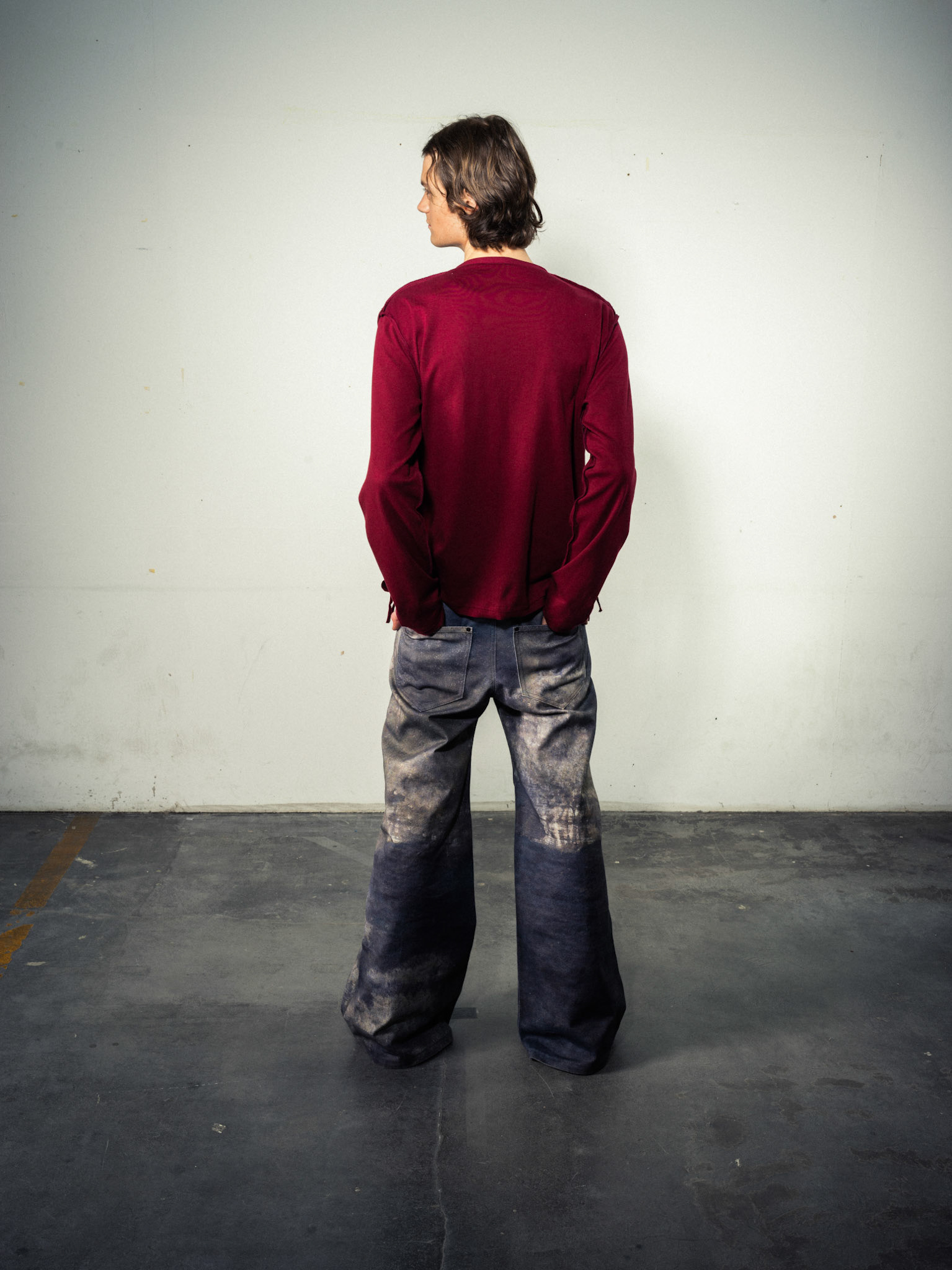 Cord Layering Shirt: Bio Cotton, Dark Red - Printed Jeans: Bio Cotton, Indigo Custom Print