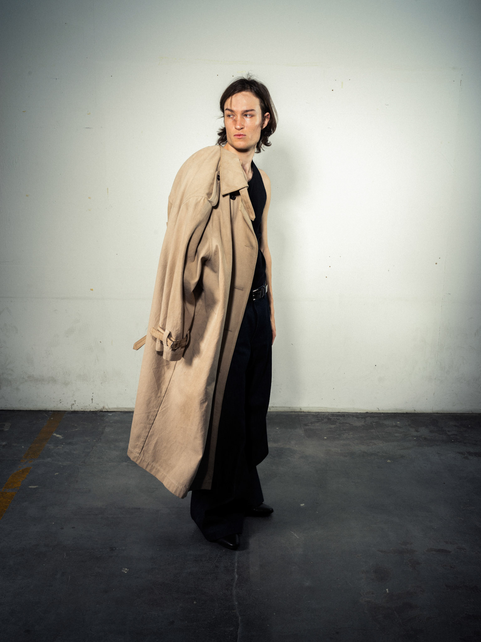 Natural Dyed Coat: Sustainable Bio Hemp, Beige/Sand - Laser Pinstripe Jeans: Bio Cotton, Indigo