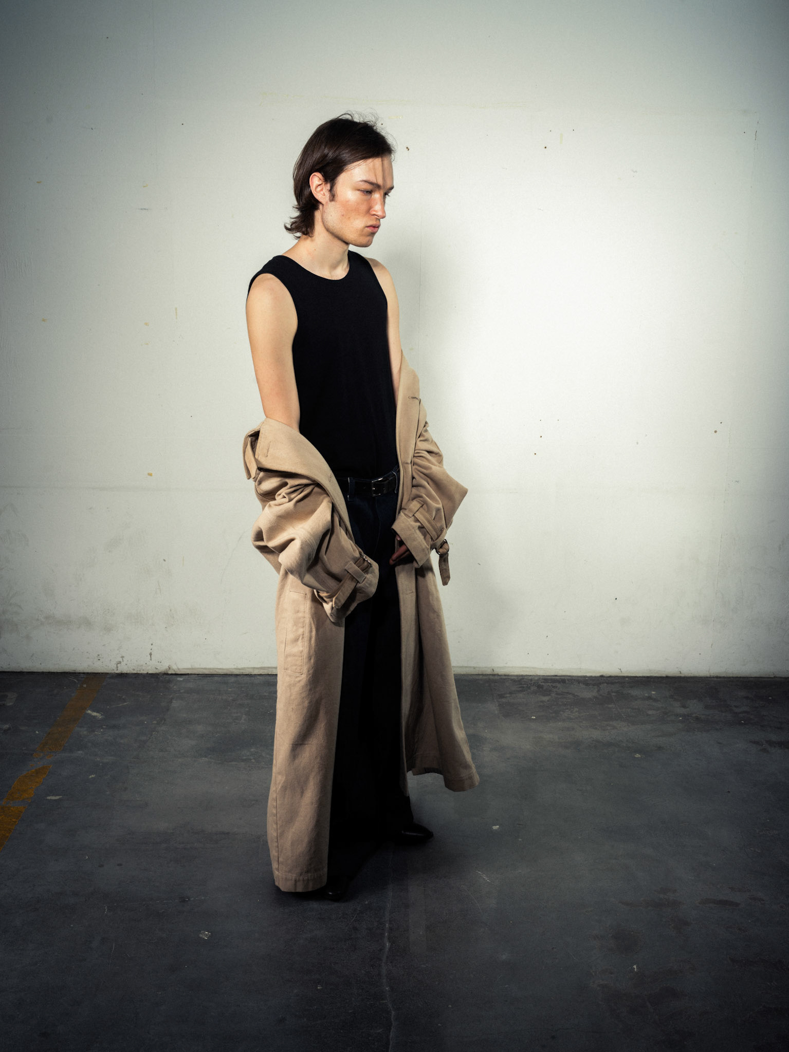 Natural Dyed Coat: Sustainable Bio Hemp, Beige/Sand - Laser Pinstripe Jeans: Bio Cotton, Indigo