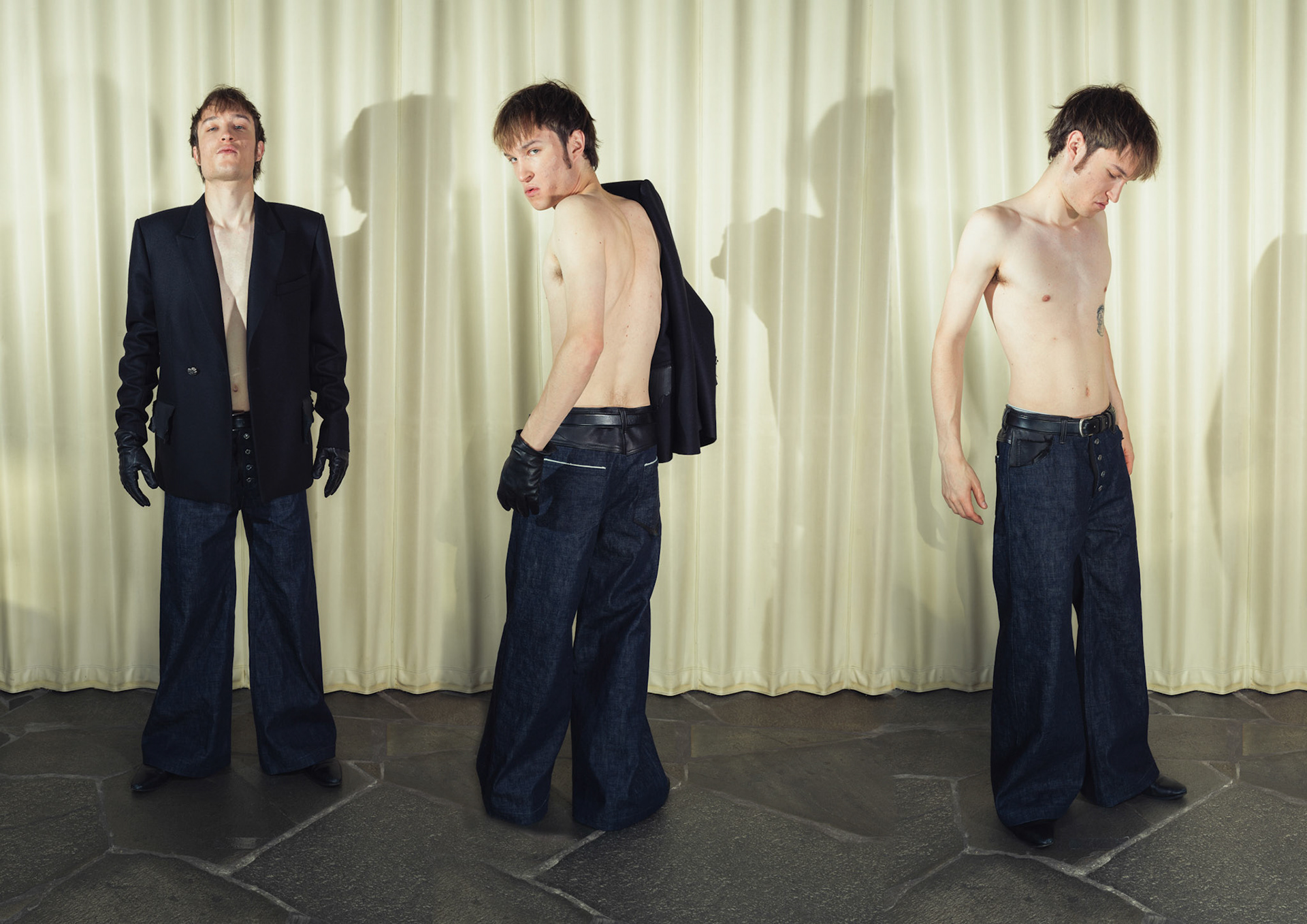 Wool cashmere double breasted blazer, Wide-leg raw selvedge denim jeans, Both with handmade silver buttons and deer leather details