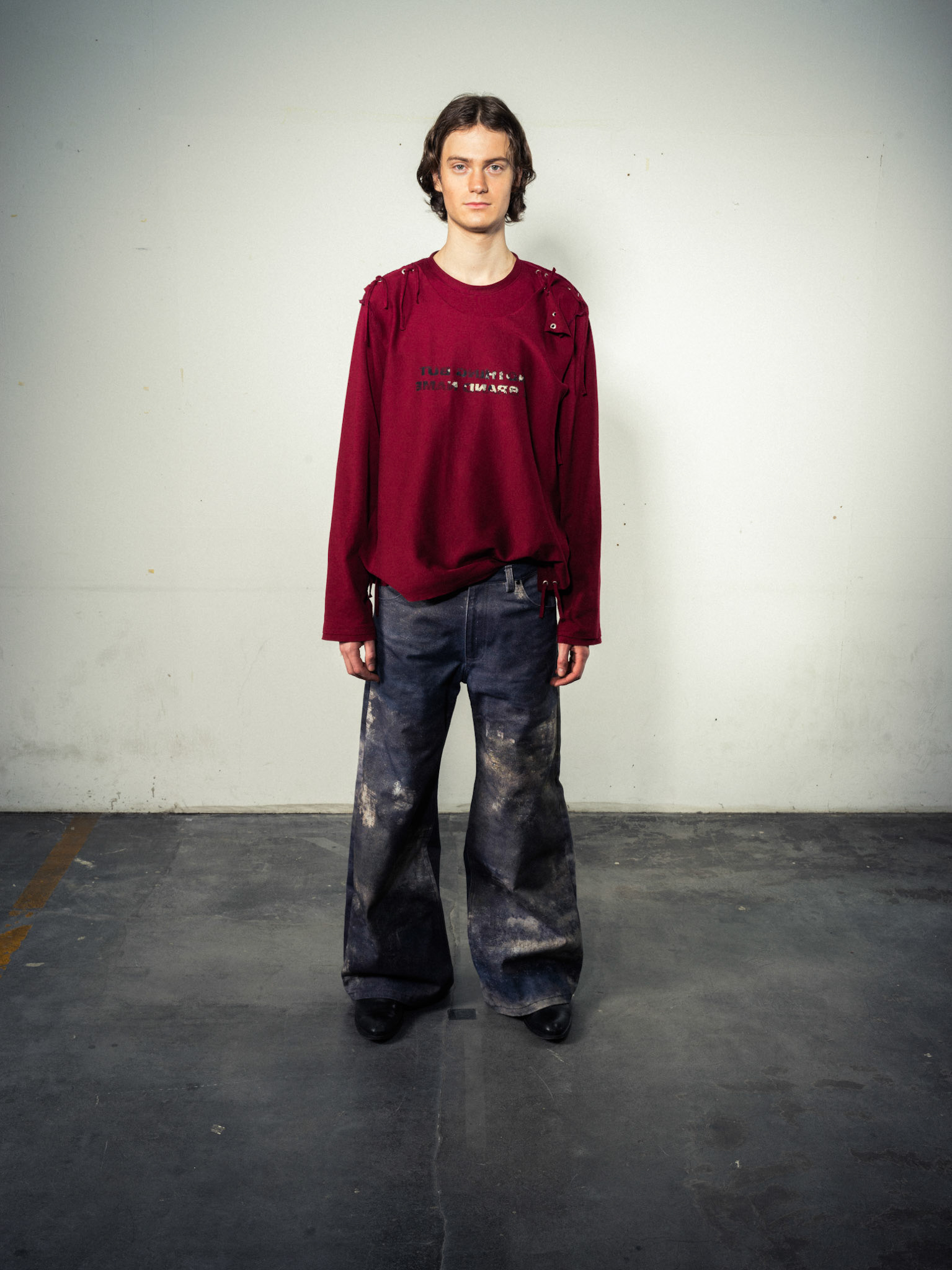 Cord Layering Shirt: Bio Cotton, Dark Red - Printed Jeans: Bio Cotton, Indigo Custom Print