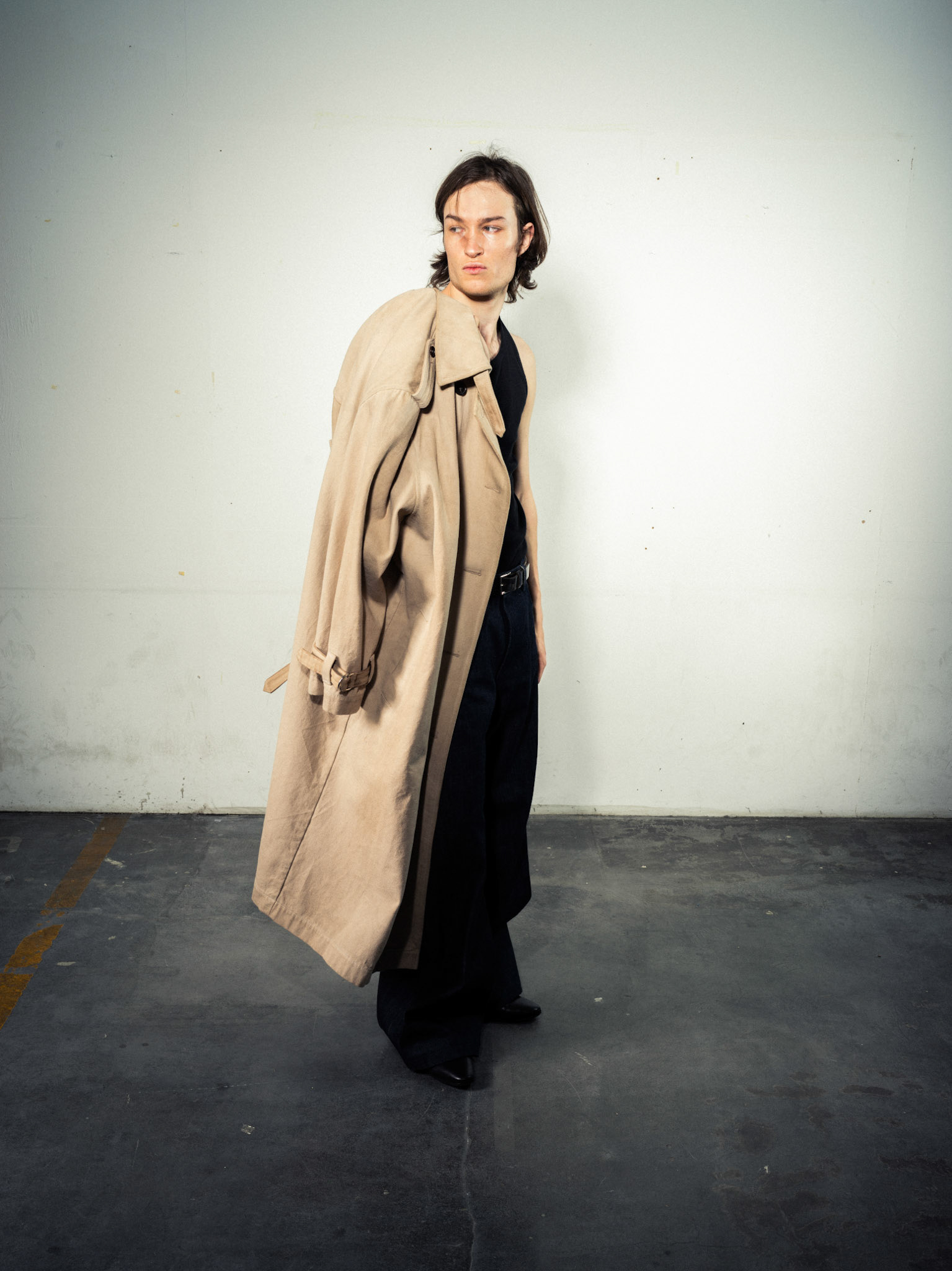 Natural Dyed Coat: Sustainable Bio Hemp, Beige/Sand - Laser Pinstripe Jeans: Bio Cotton, Indigo