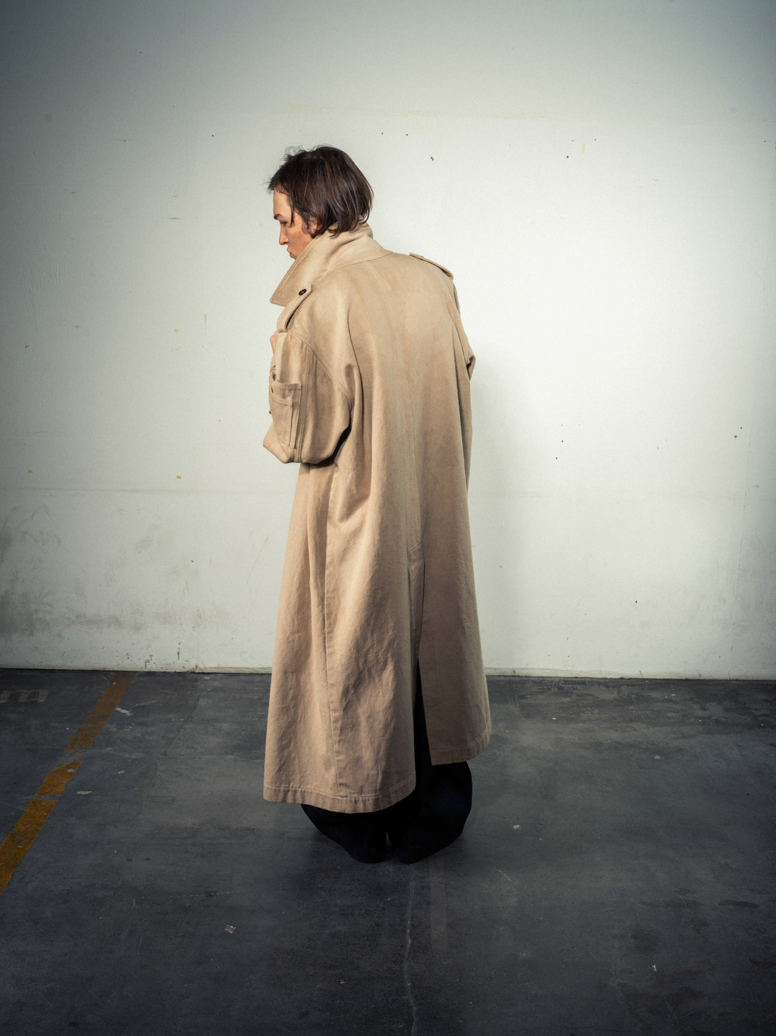 Natural Dyed Coat: Sustainable Bio Hemp, Beige/Sand - Laser Pinstripe Jeans: Bio Cotton, Indigo