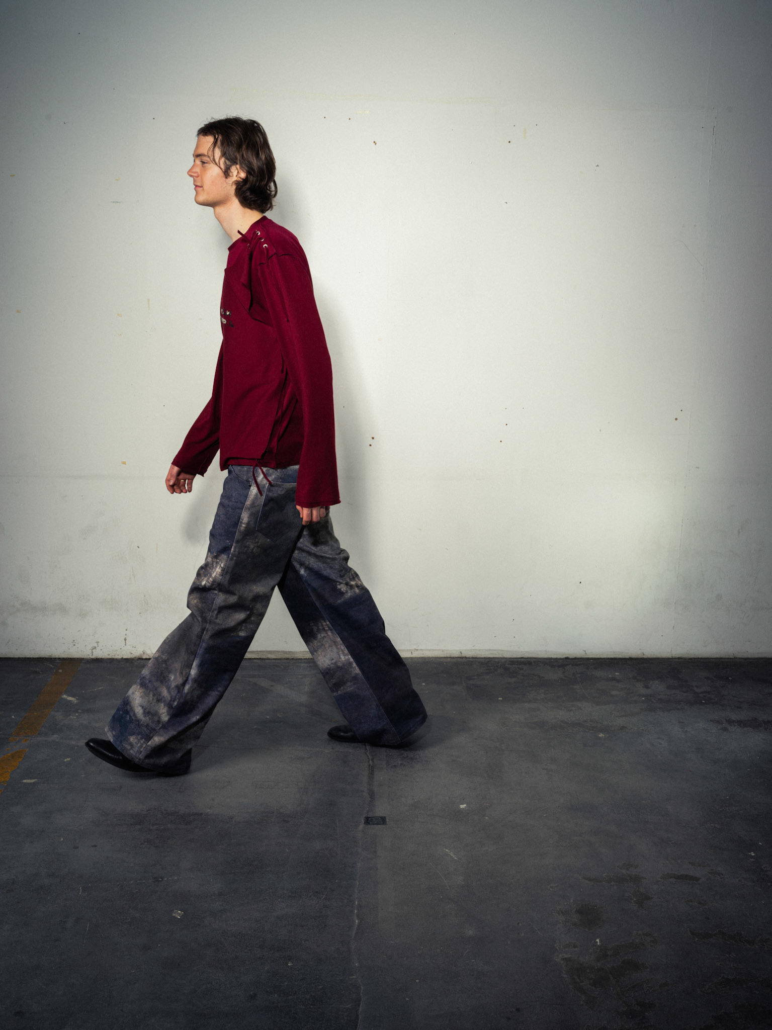 Cord Layering Shirt: Bio Cotton, Dark Red - Printed Jeans: Bio Cotton, Indigo Custom Print