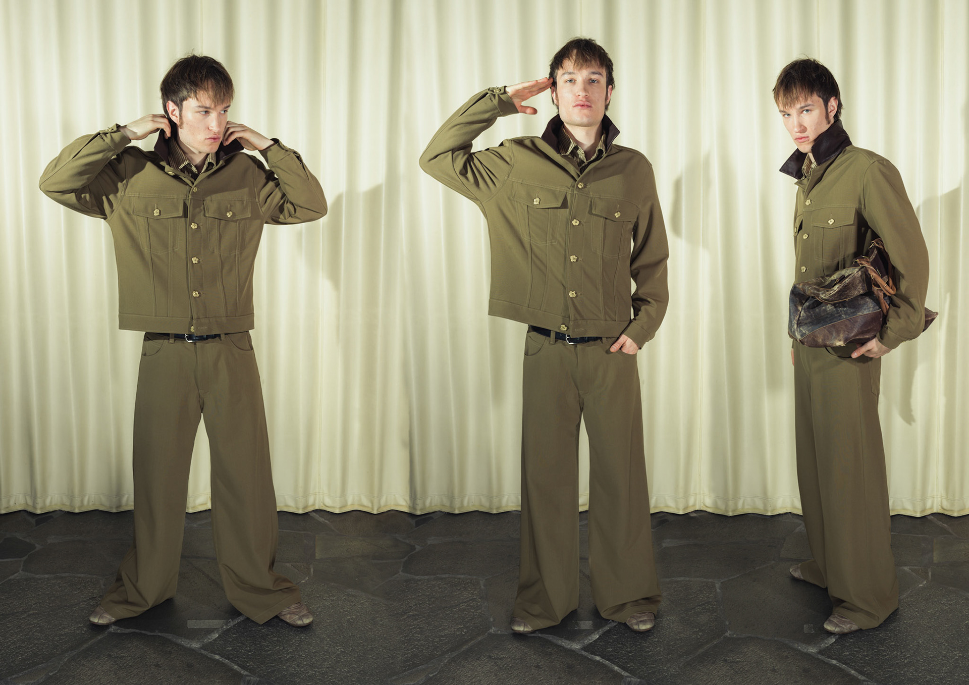 Virgin wool trucker jacket and wide-leg trousers set, Both with handmade brass buttons and deer leather details, Silk striped button-up shirt