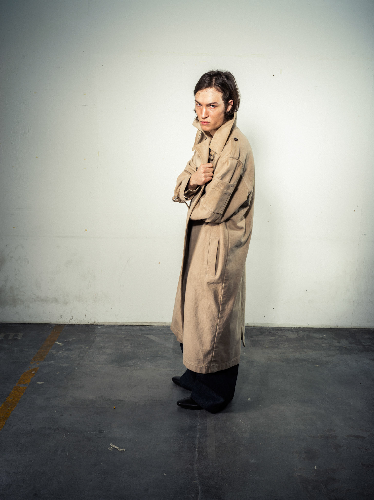 Natural Dyed Coat: Sustainable Bio Hemp, Beige/Sand - Laser Pinstripe Jeans: Bio Cotton, Indigo