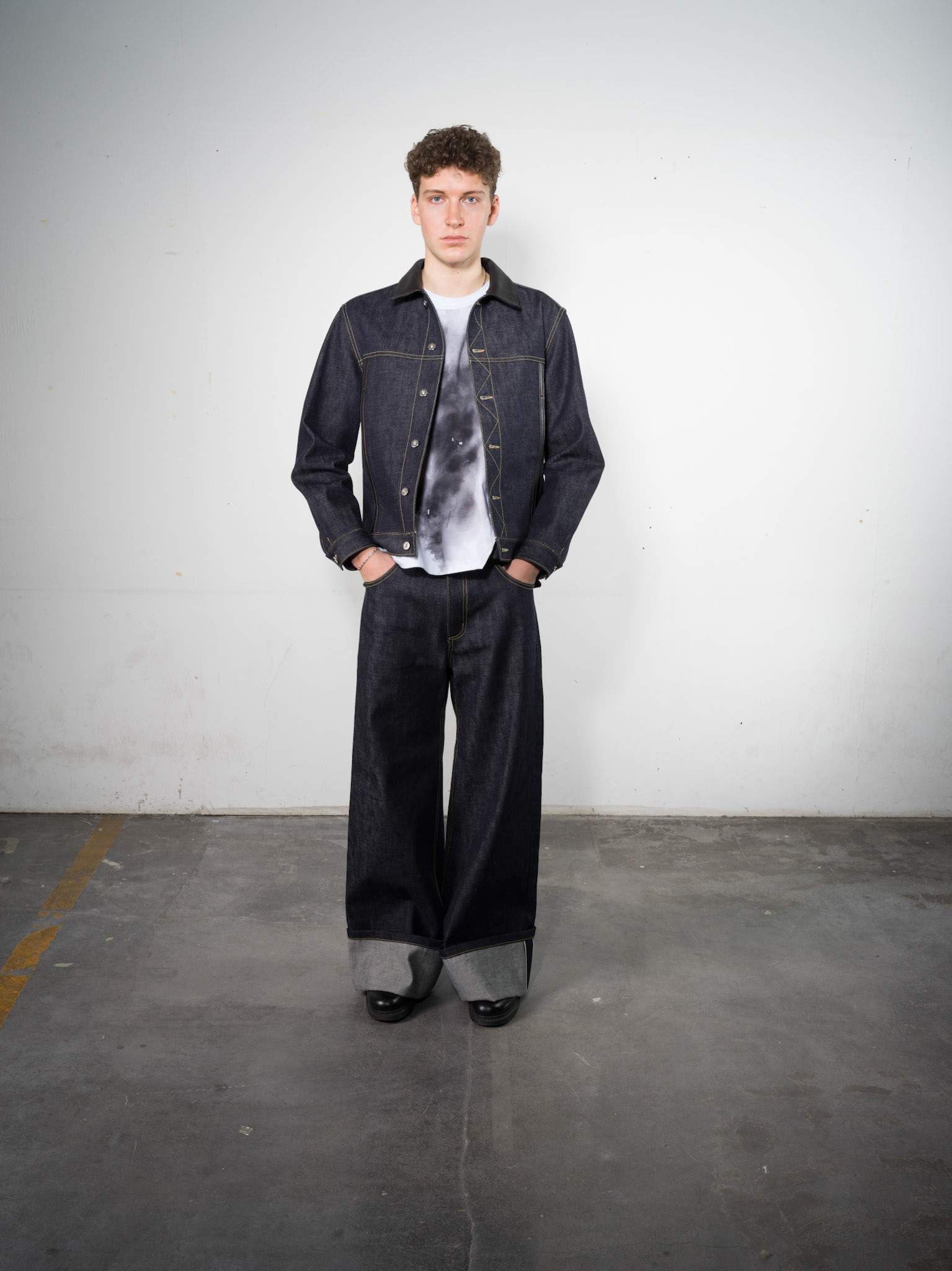 Raw Denim Jacket: Bio Cotton, Indigo - Raw Denim Jeans: Bio Cotton, Indigo - Asymmetrical Buttpon Shirt: Bio Cotton, White