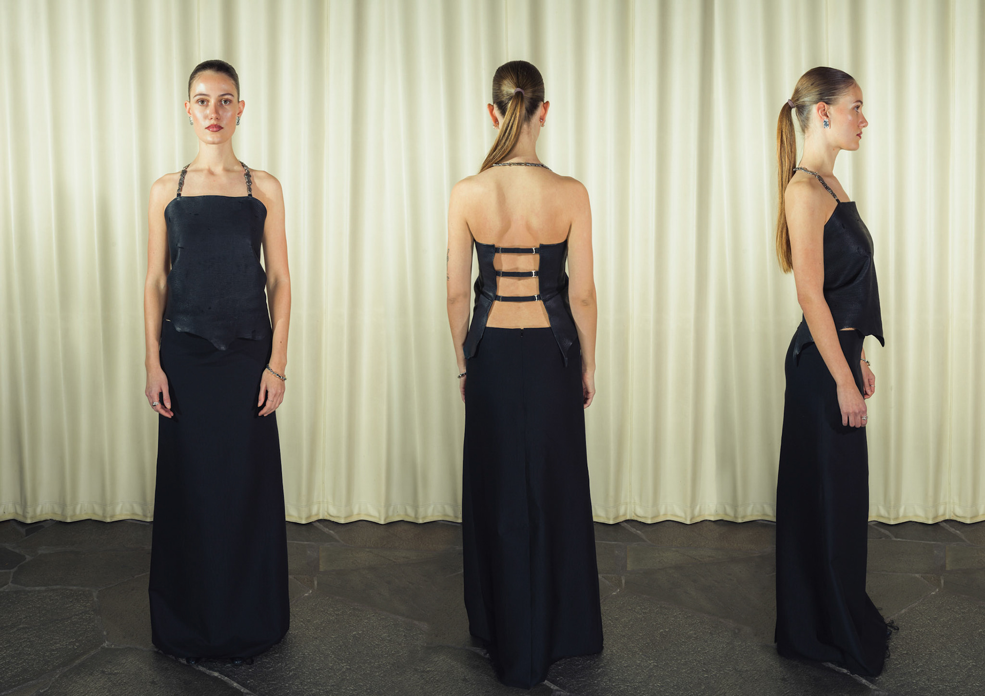 Draped raw edge deer leather top with handmade silver hardware, Jacquard silk wool maxi skirt