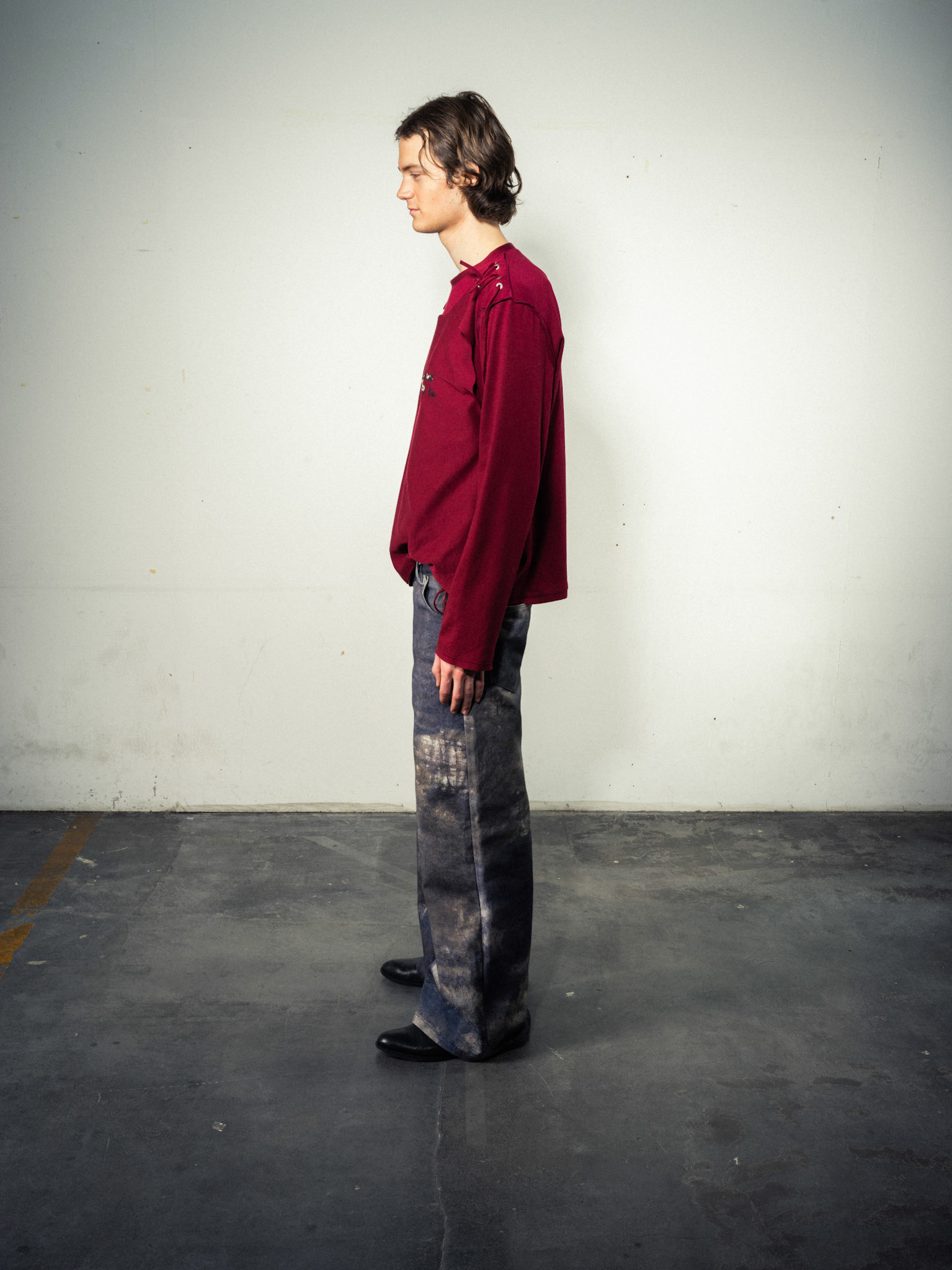 Cord Layering Shirt: Bio Cotton, Dark Red - Printed Jeans: Bio Cotton, Indigo Custom Print