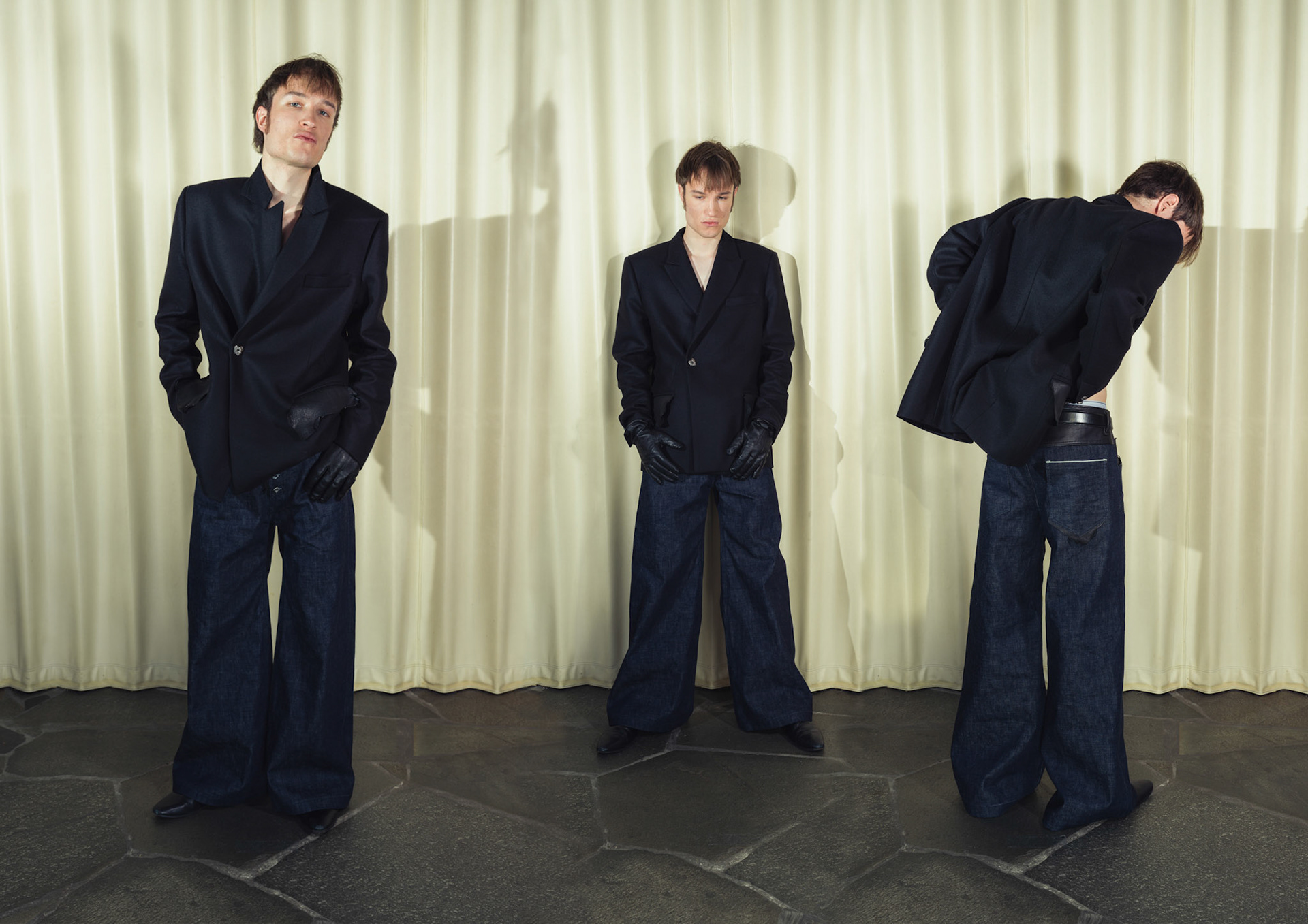 Wool cashmere double breasted blazer, Wide-leg raw selvedge denim jeans, Both with handmade silver buttons and deer leather details