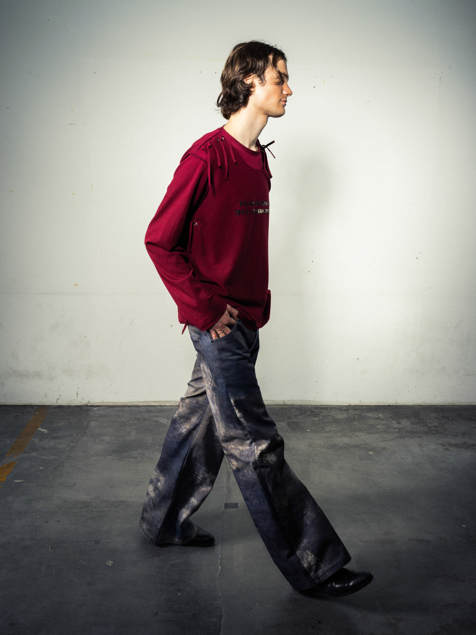 Cord Layering Shirt: Bio Cotton, Dark Red - Printed Jeans: Bio Cotton, Indigo Custom Print