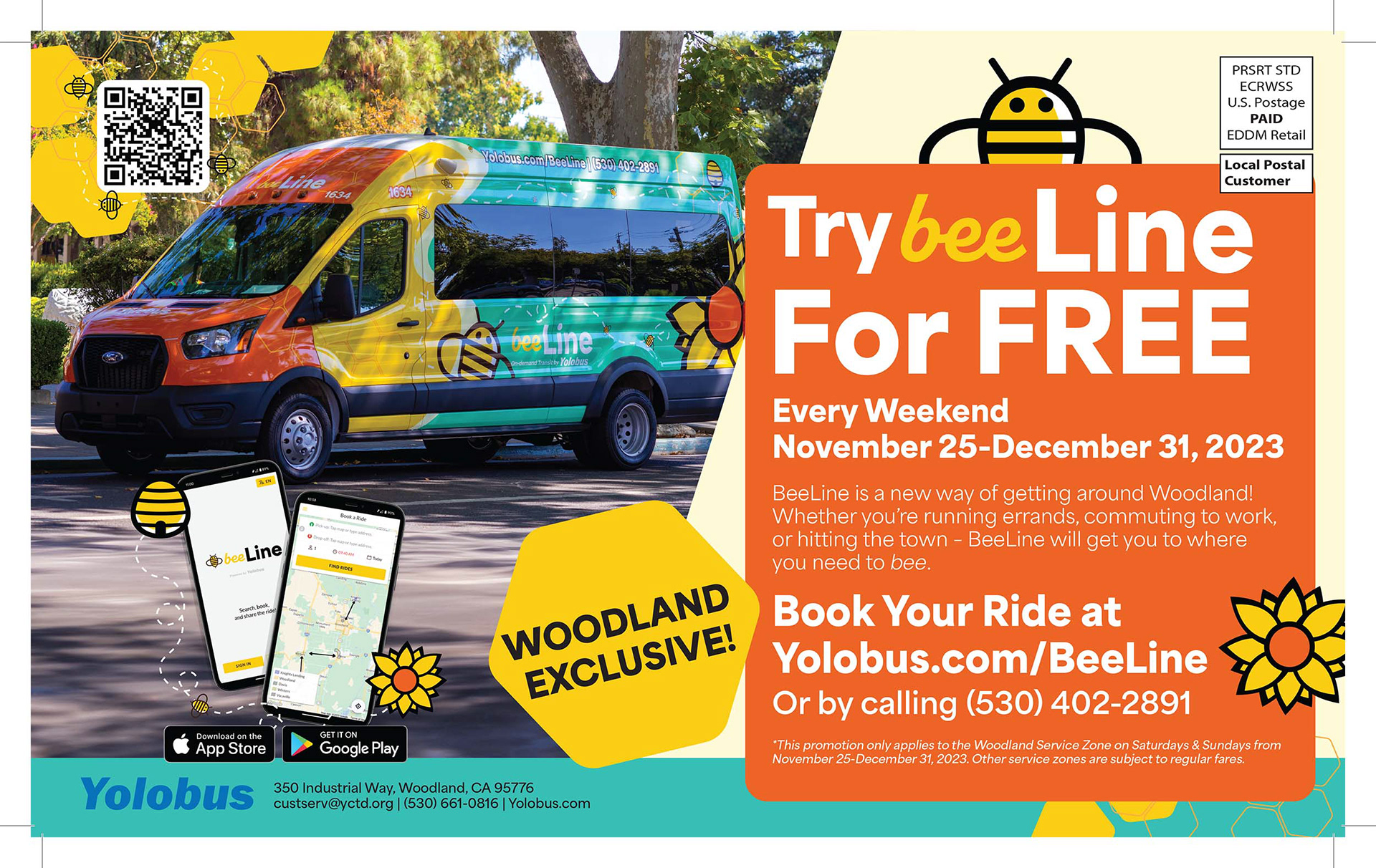 Mailer design that was sent out to residents of the city of Woodland, CA to promote BeeLine.
