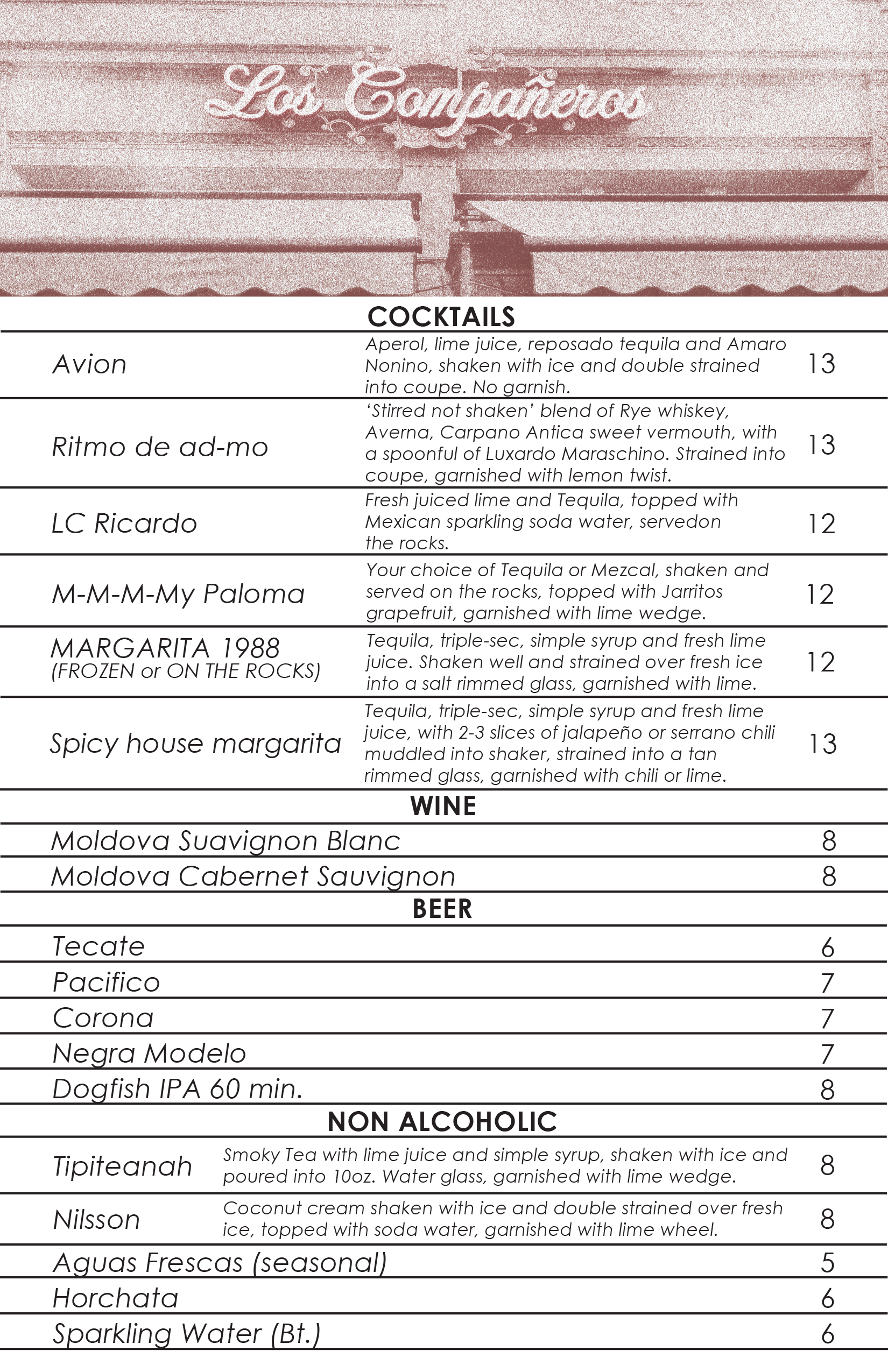 Drinks menu for Los Companeros