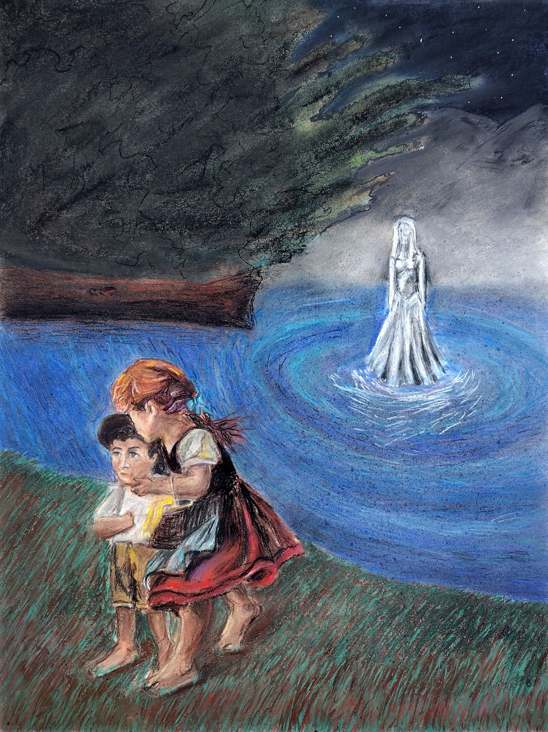 Two children, ages away from a body of water. The older sister guides her little brother. La Llorana follows them slowly.