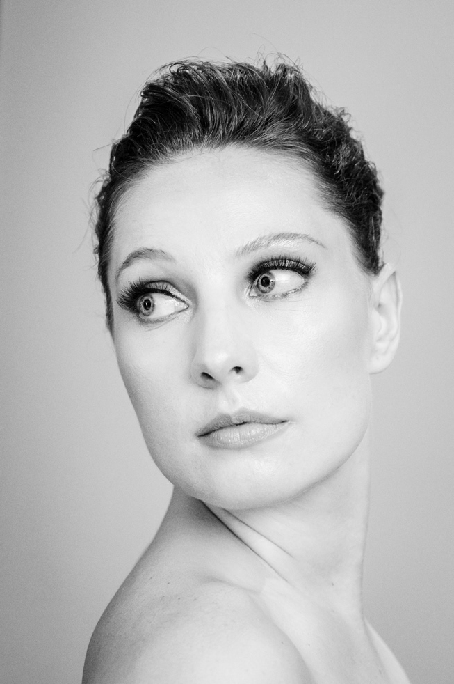 Black and white bridal portrait before putting on dress.