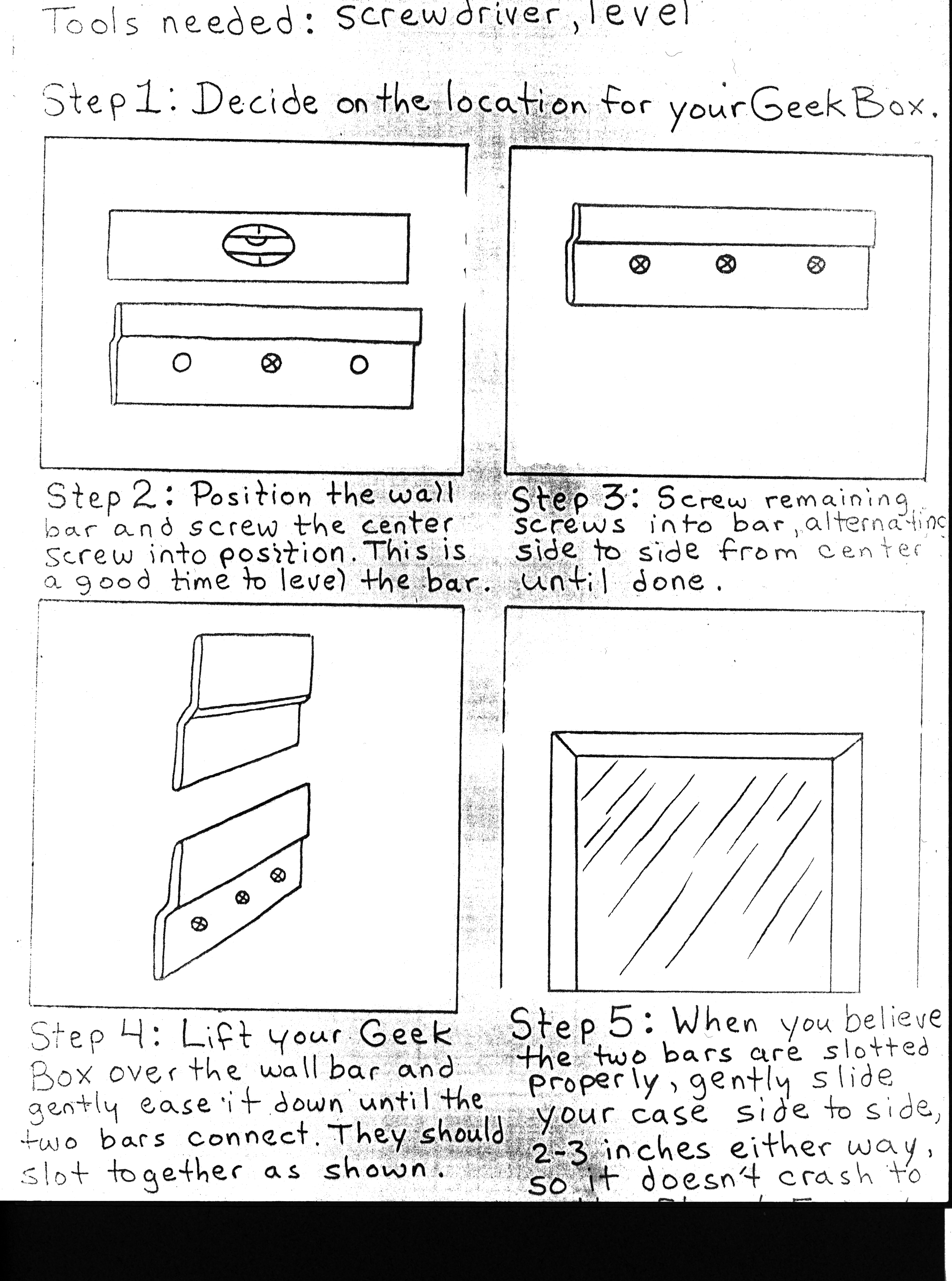 Original Hanging Bar instructions; hand drawn and photocopied.