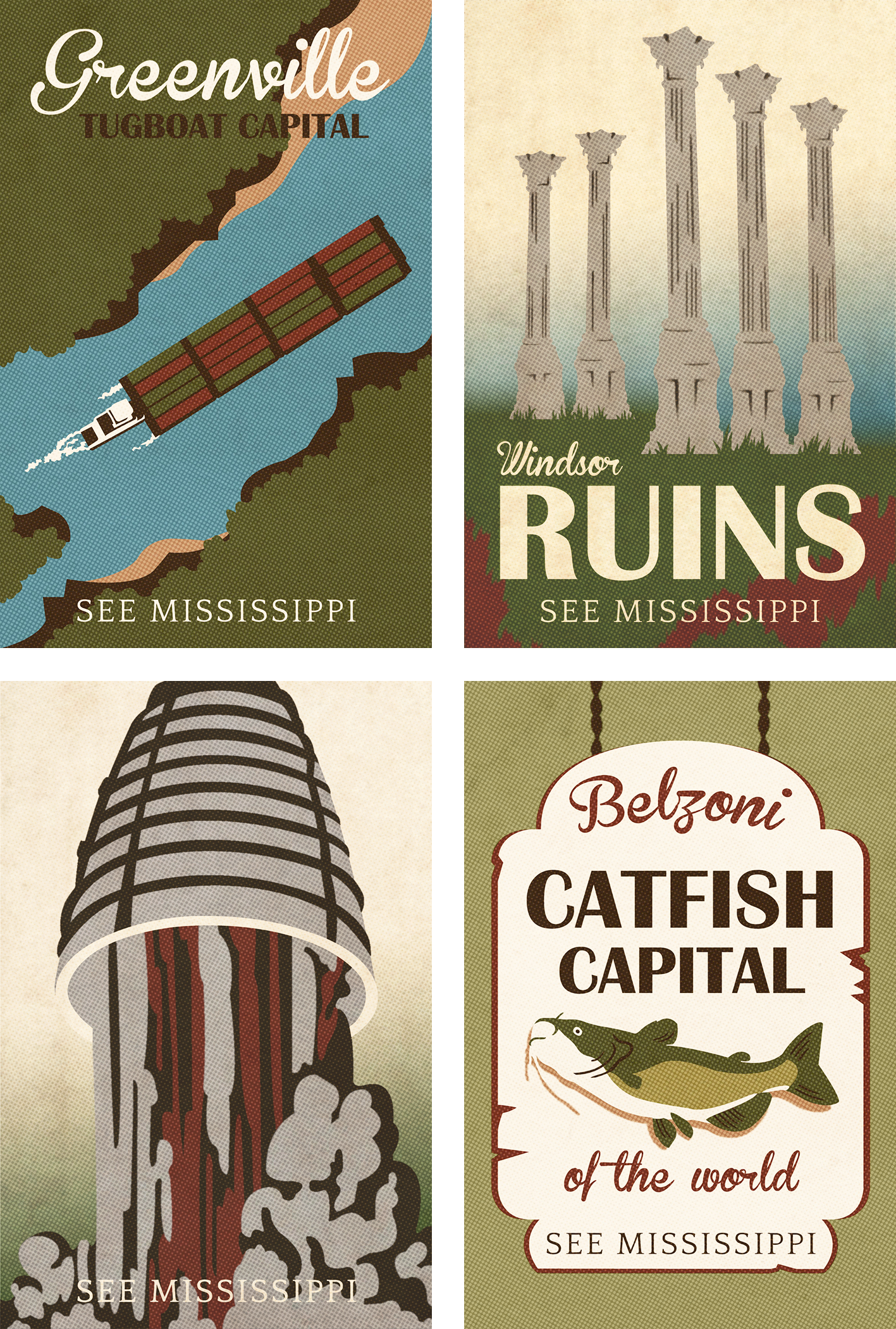 Personal: Individual illustrated cards of the best towns in Mississippi and a highlight of their best features