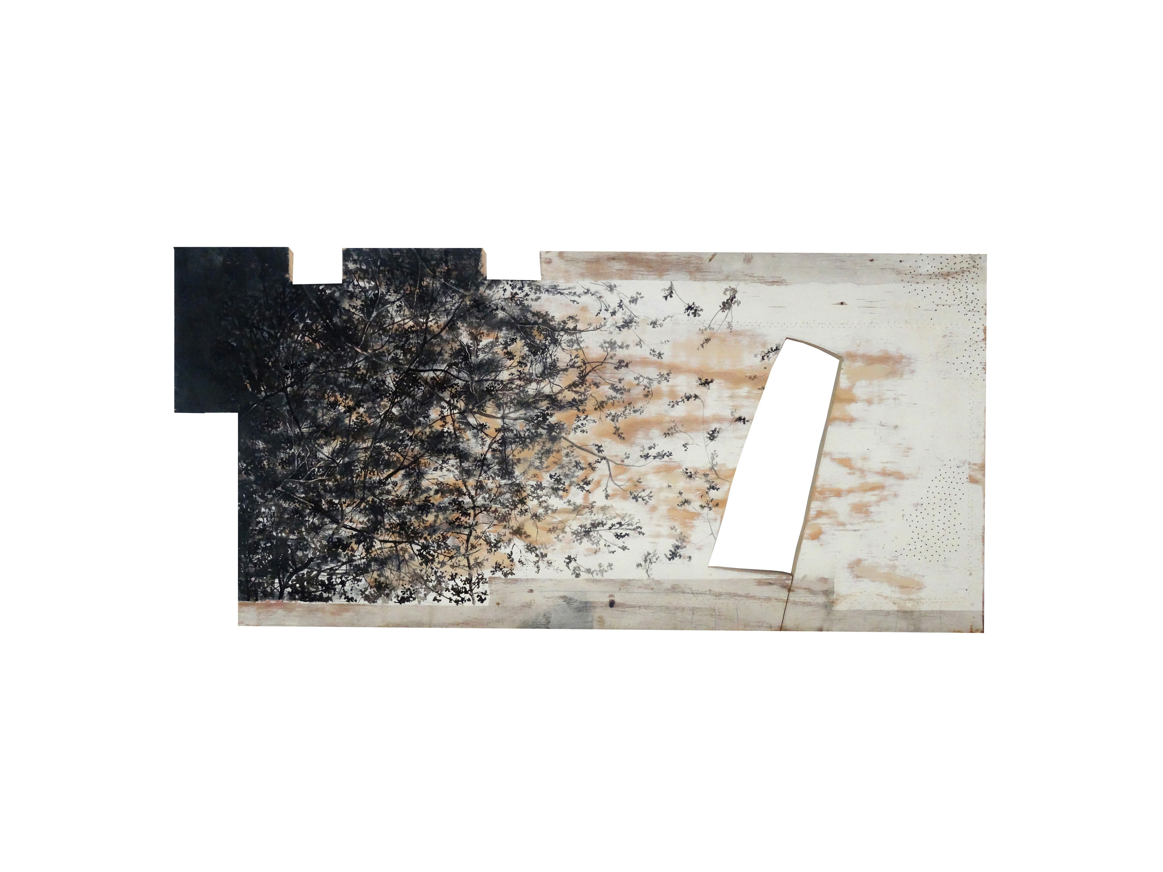 FENETRE encre de chine et acyl sur bois, 120/50 cm