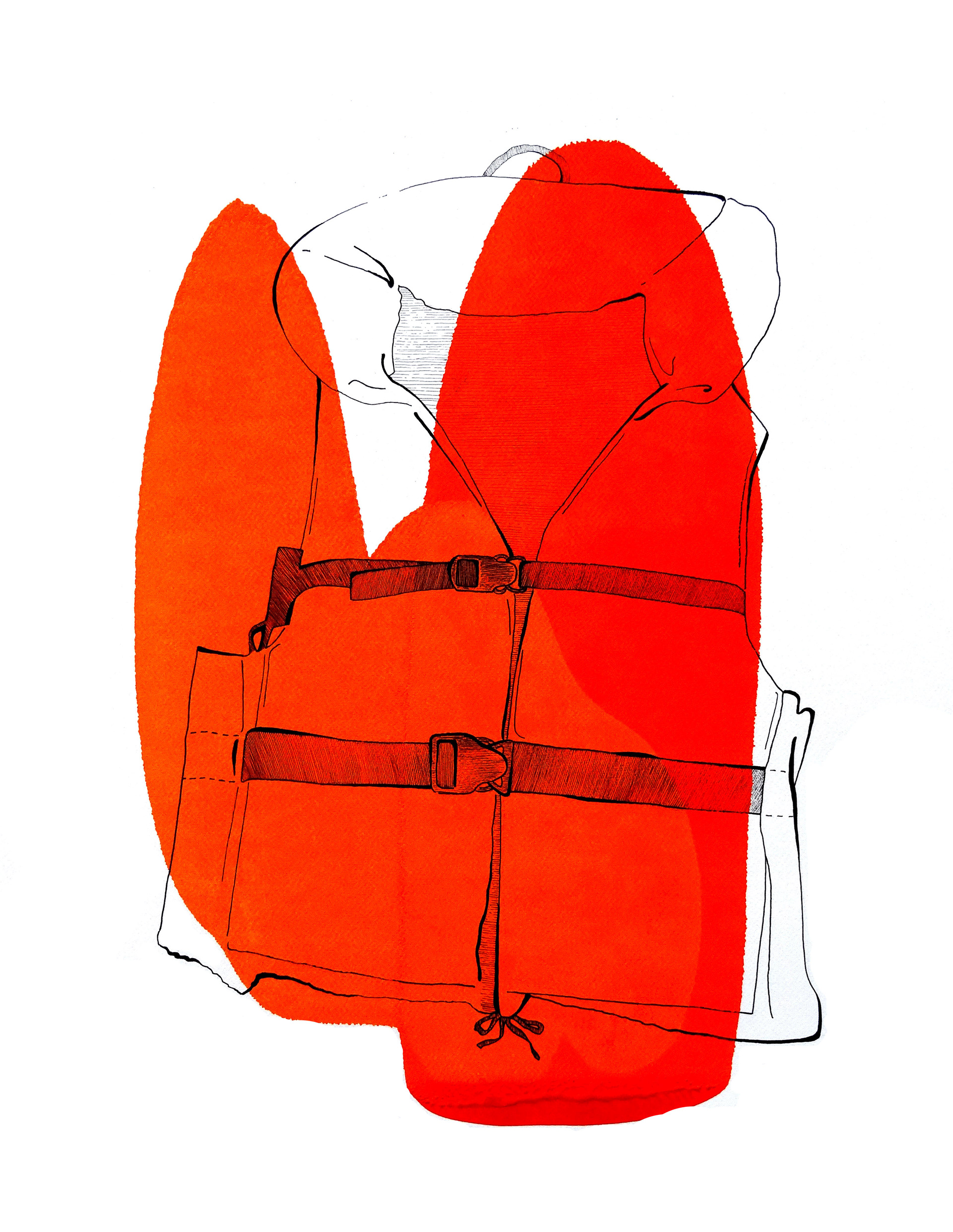 GILET DE SAUVETAGE II, encre de Chine, encre taille douce sur papier, 42 x 59,4 cm