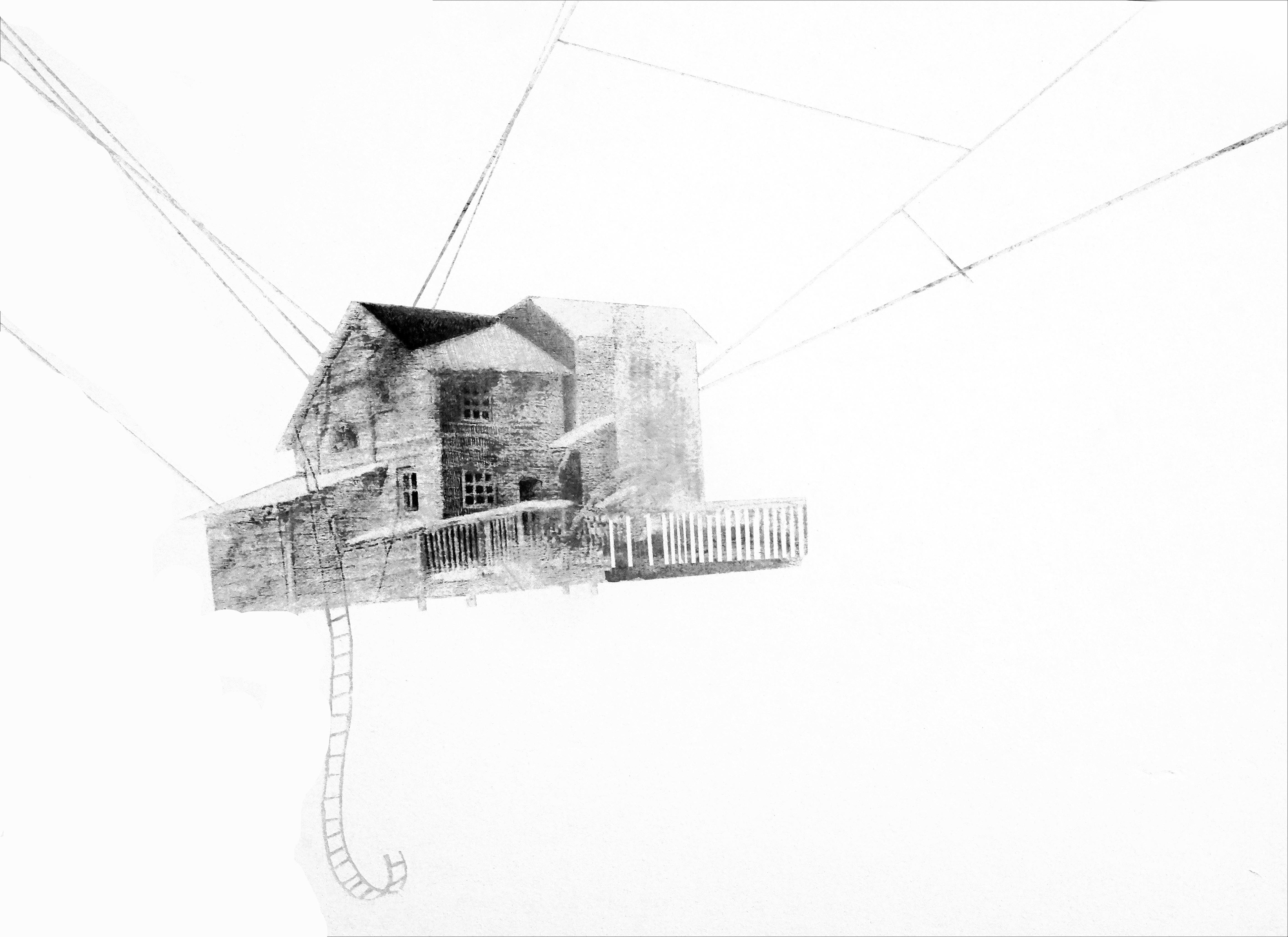 CABANE SUSPENDUE I, encre de Chine, crayon papier, acryl sur bois, 50/60 cm