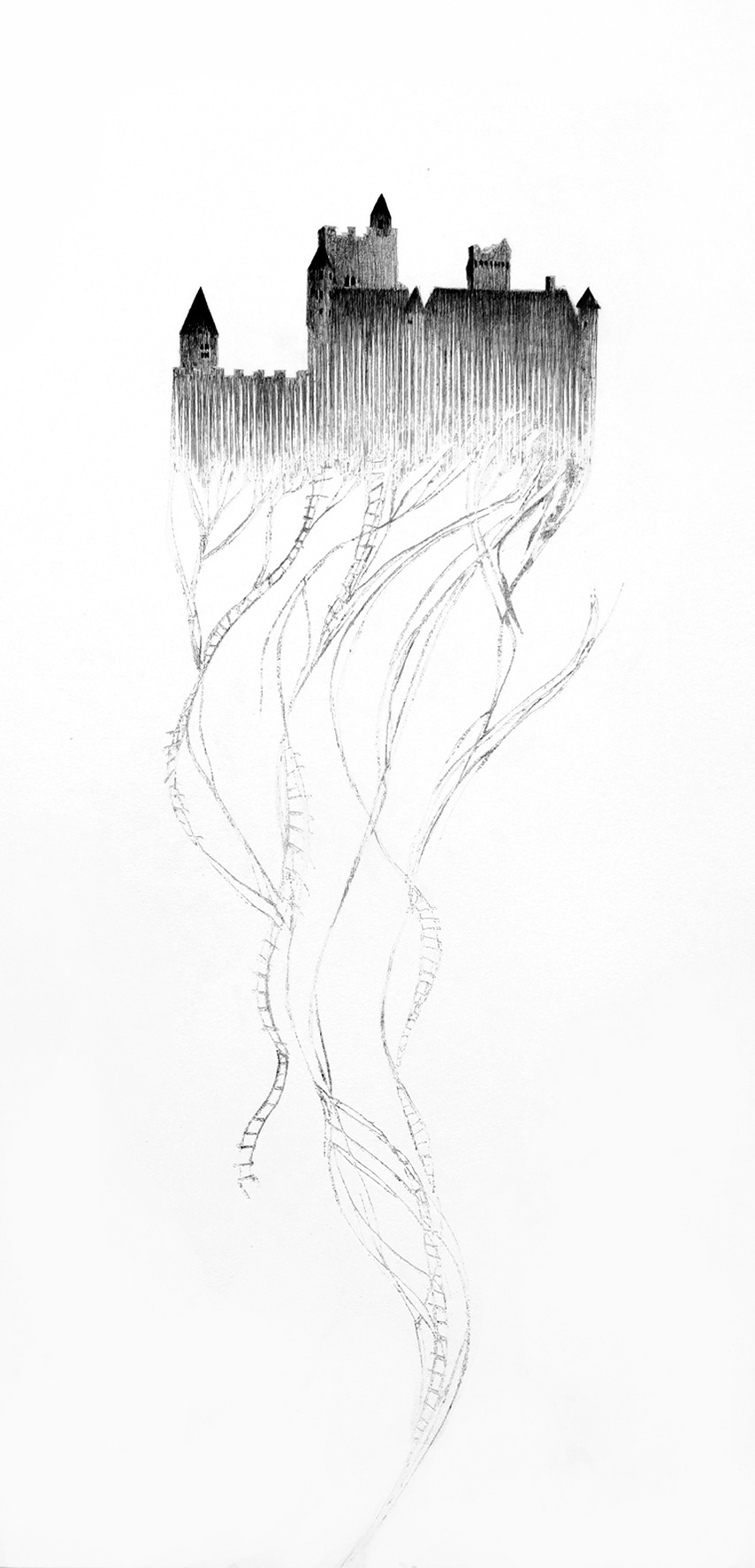 CABANE CHÂTEAU III, encre de Chine, crayon papier, acryl sur bois, 50/120 cm