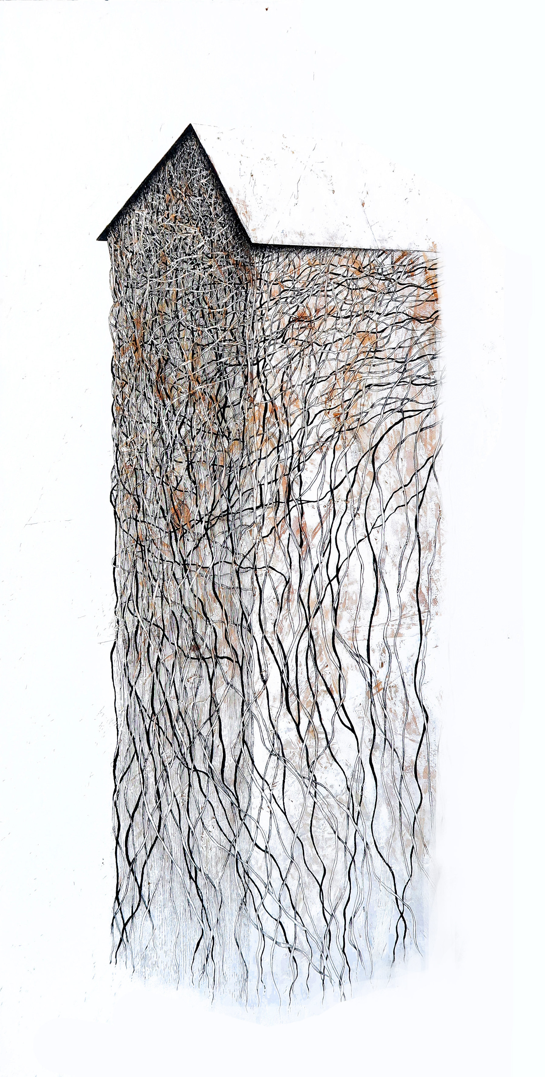 CABANE ENRACINÉE I, encre de Chine, acryl sur bois, 120/50 cm