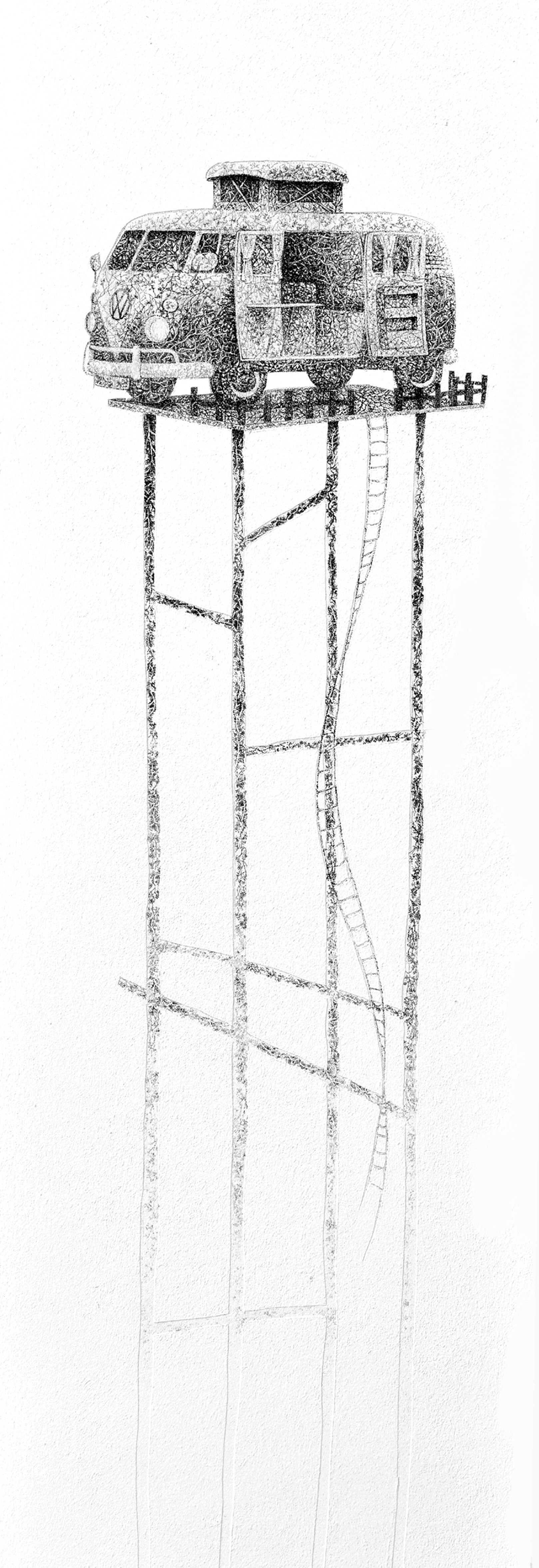 CABANE VAN II, encre de Chine, crayon papier, acryl sur bois, 120/60 cm