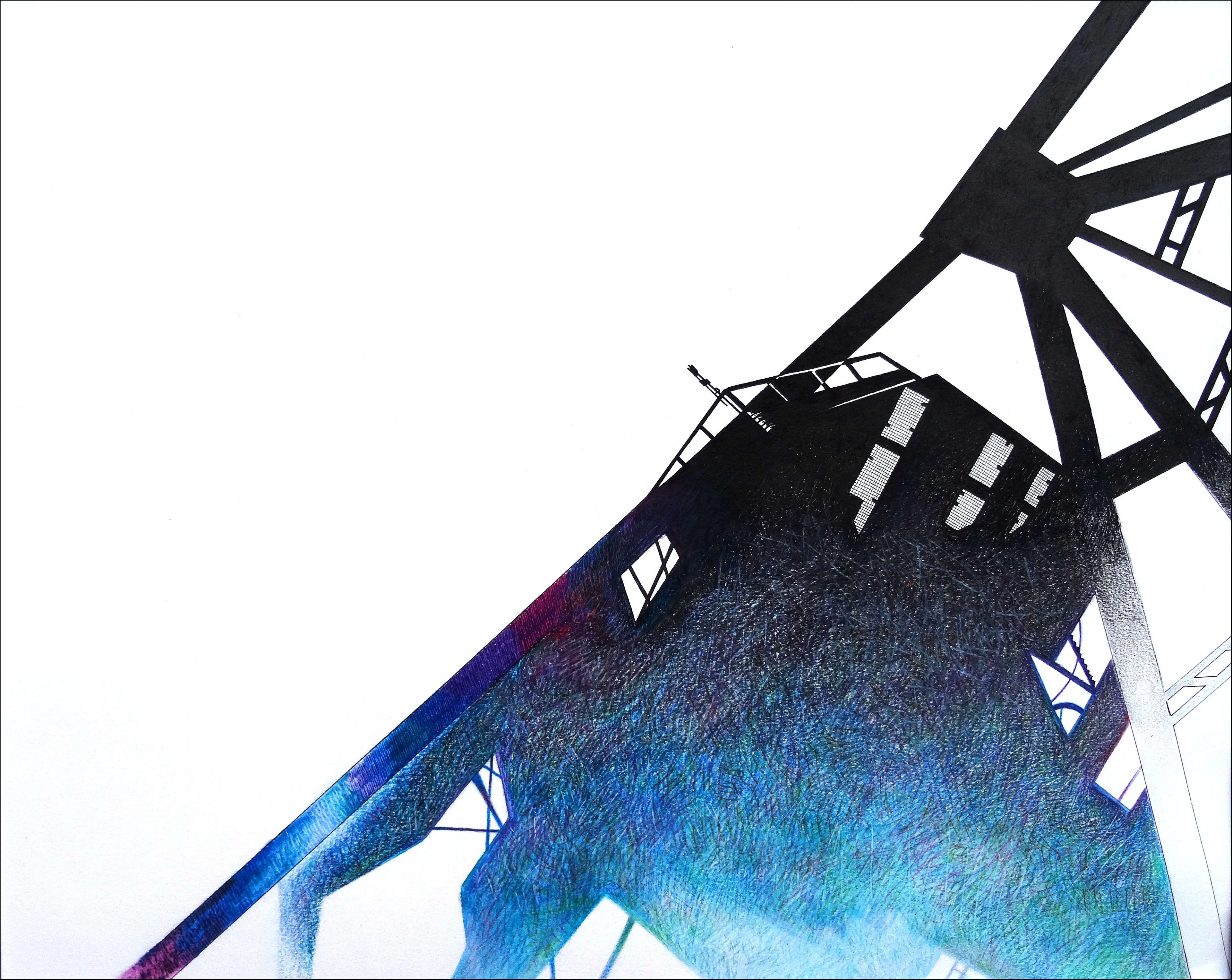 PONT, encre de Chine, crayons aquarelle sur papier, 29,7 x 42 cm