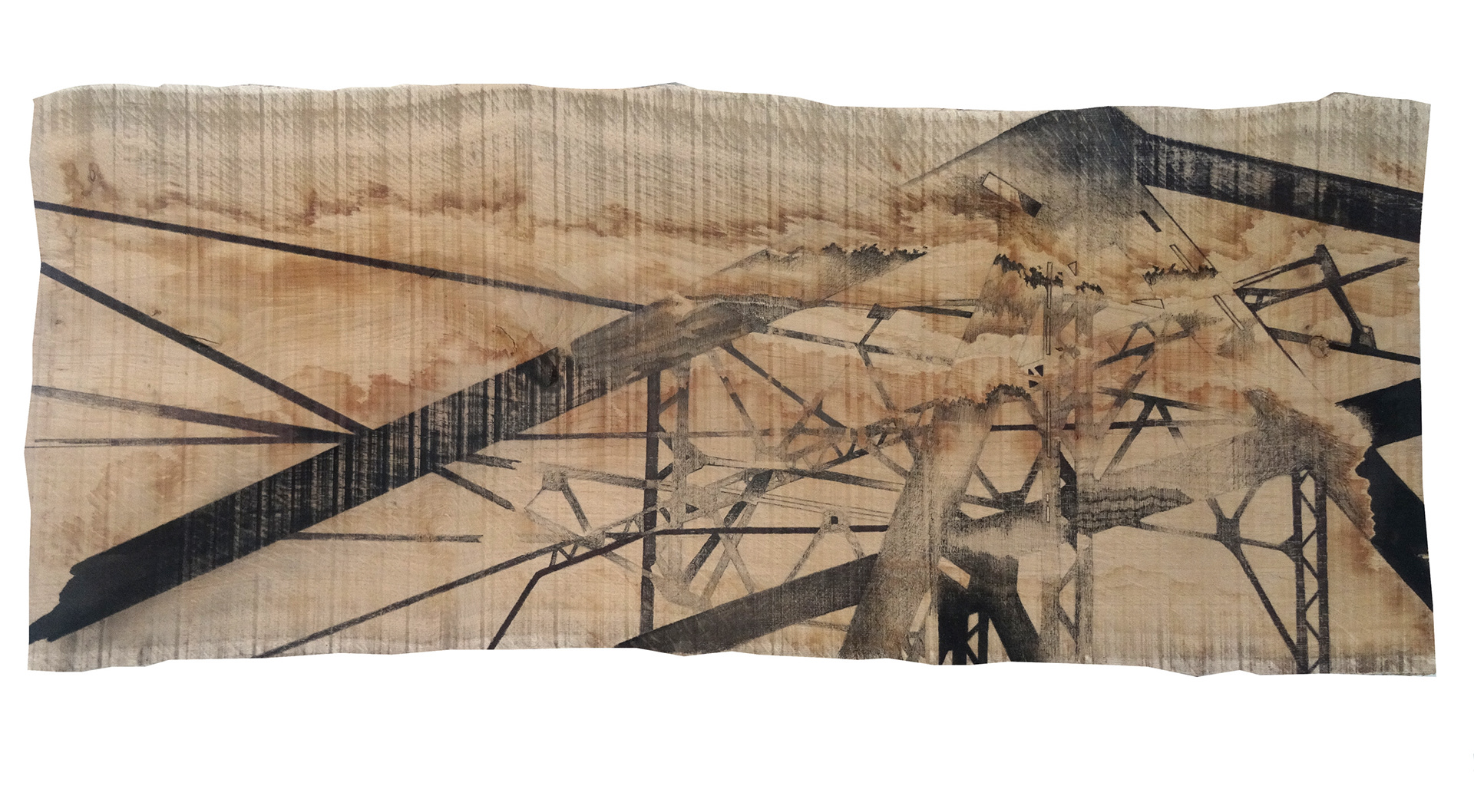 PONT IV, encre de Chine, acryl sur bois, 120/40 cm