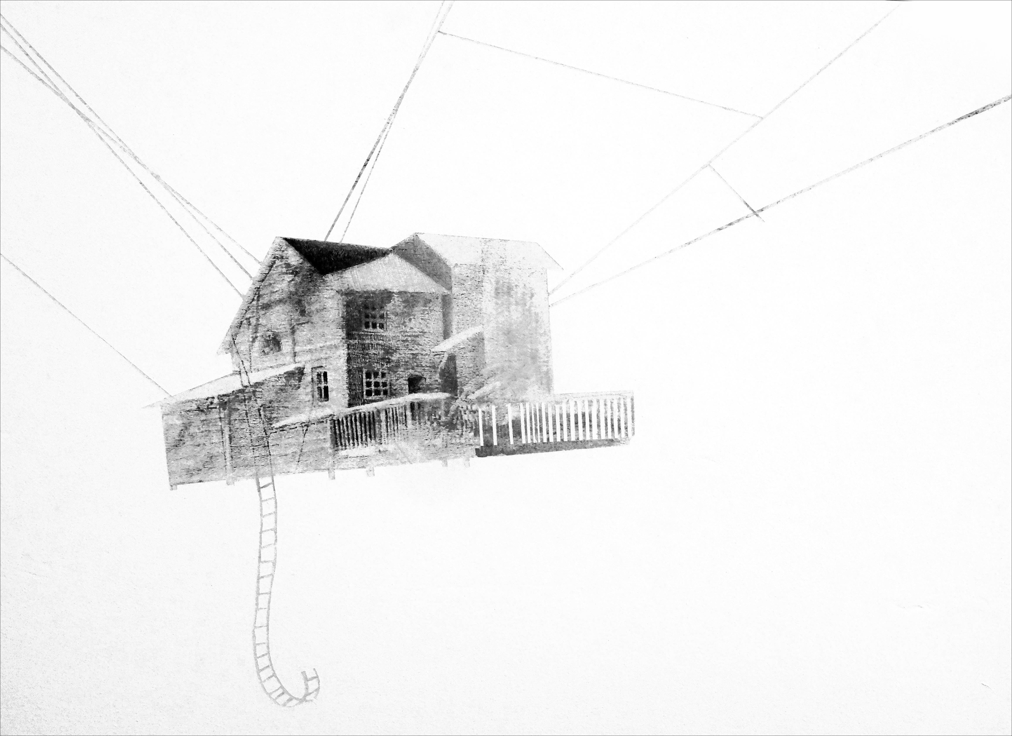 CABANE SUSPENDUE peinture acrylique sur bois 50/75 cm