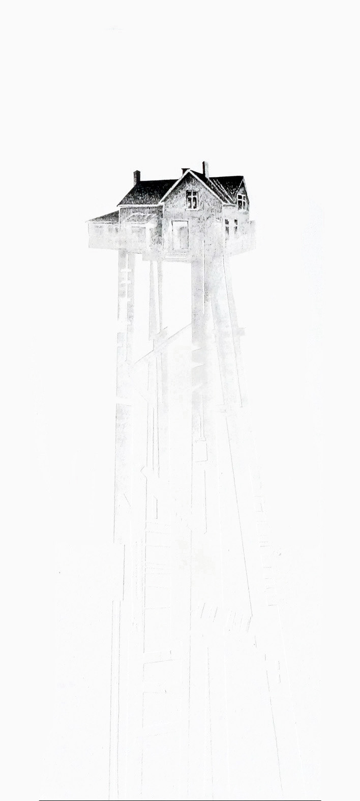CABANE SUR PILOTIS III, encre de Chine, crayon papier, acryl sur bois, 50/120 cm