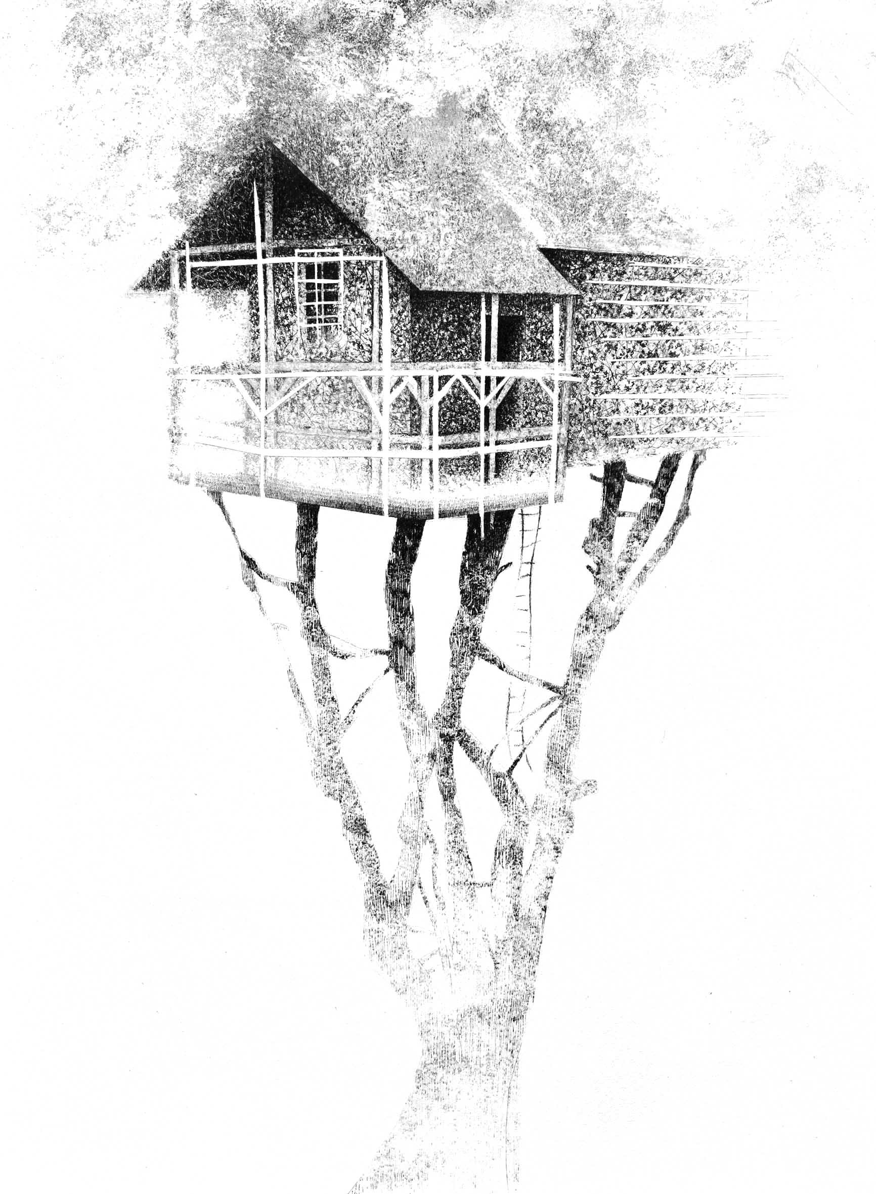 CABANE III encre de chine et acyl sur bois, 80/65 cm