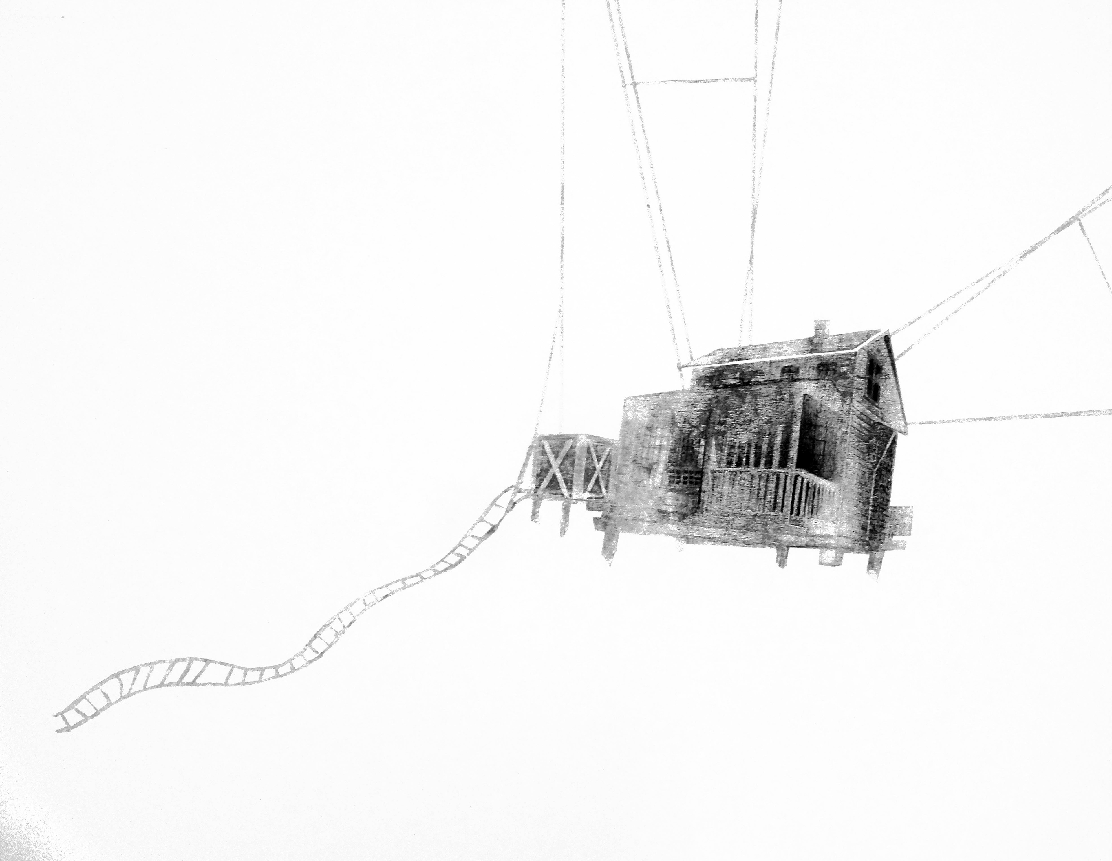 CABANE SUSPENDUE peinture acrylique sur bois 50/75 cm