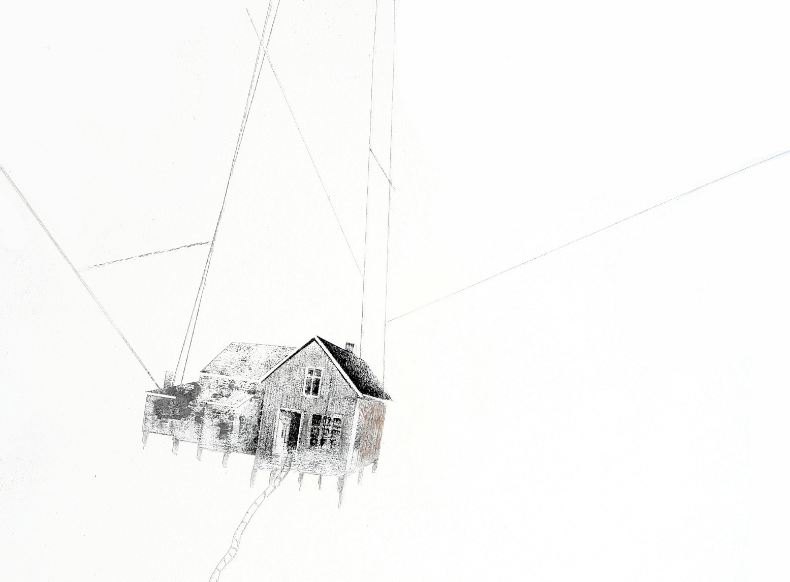 CABANE SUSPENDUE II, encre de Chine, crayon papier, acryl sur bois, 50/60 cm