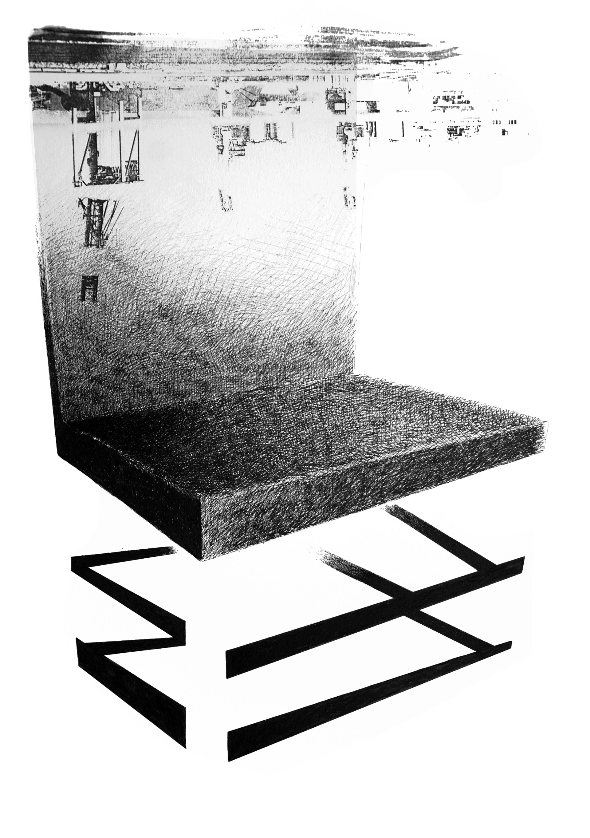 CHAISSE II, encre de Chine et transfert photo sur papier, 50 x 65cm