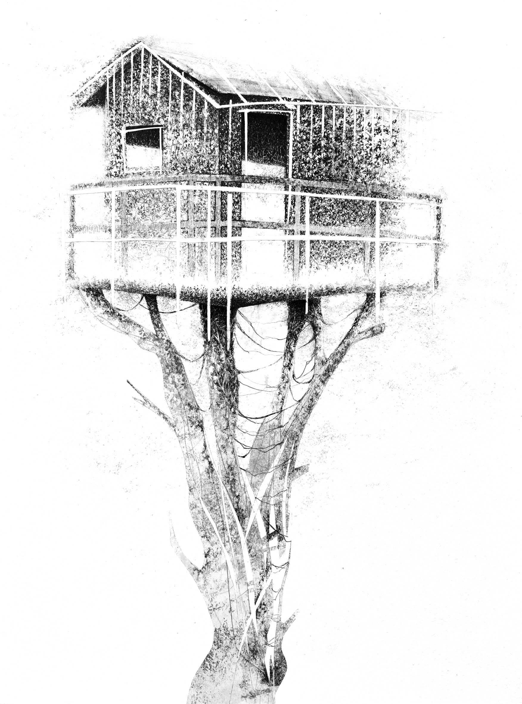 CABANE I encre de chine et acyl sur bois, 80/65 cm