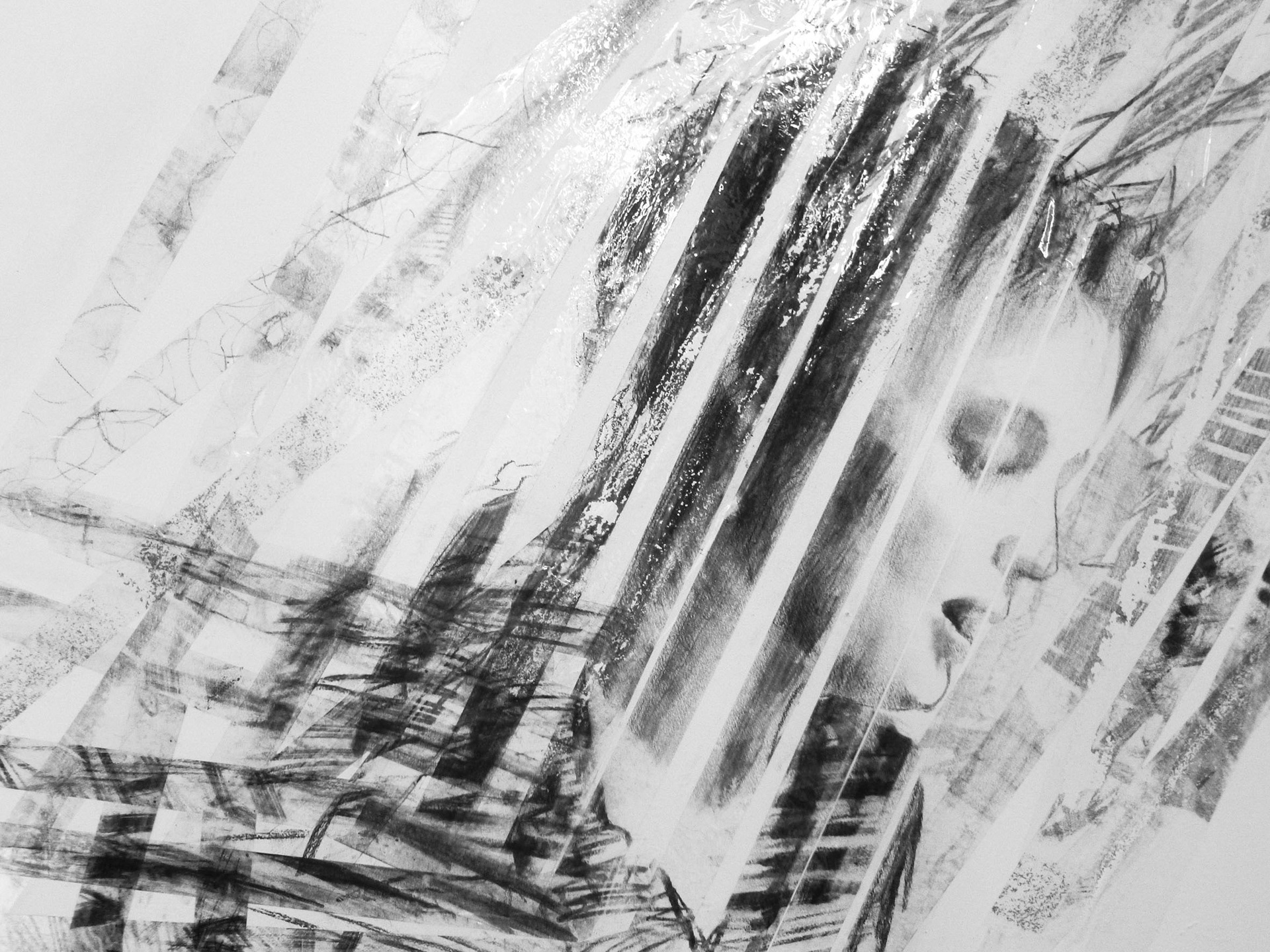 SARAH, fusain, ruban transparant collé sur le mur, 220/150 cm