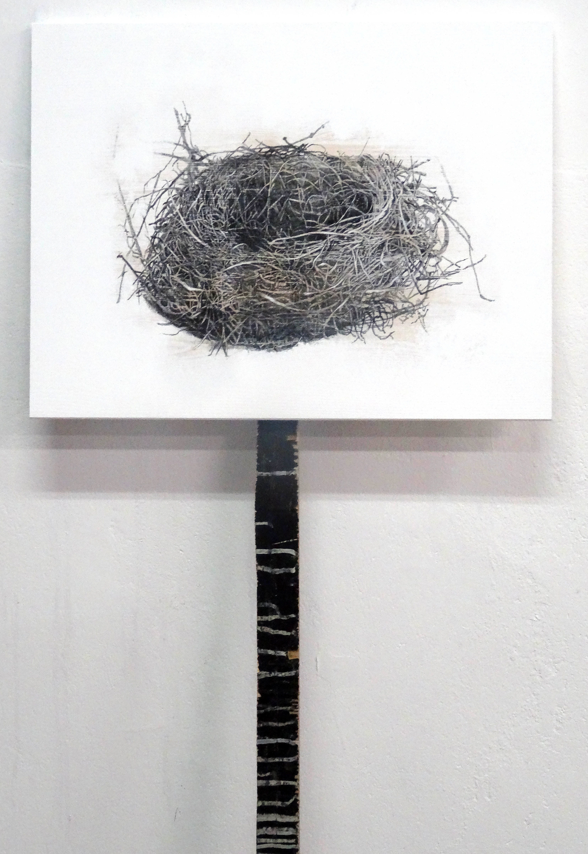 CABANE - NID, encre de Chine, crayon papier, acryl sur bois, 65/50 cm