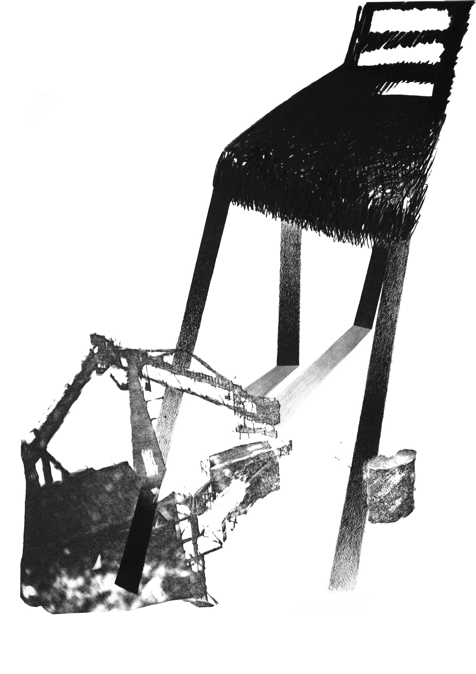 CHAISSE V, encre de Chine et transfert photo sur papier, 50 x 65cm