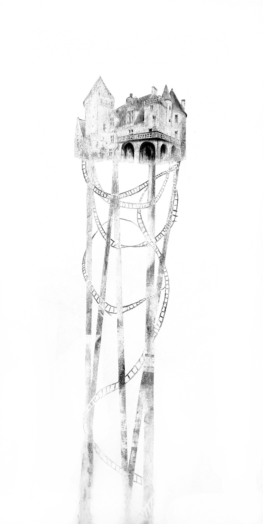 CABANE CHÂTEAU I, encre de Chine, crayon papier, acryl sur bois, 50/120 cm