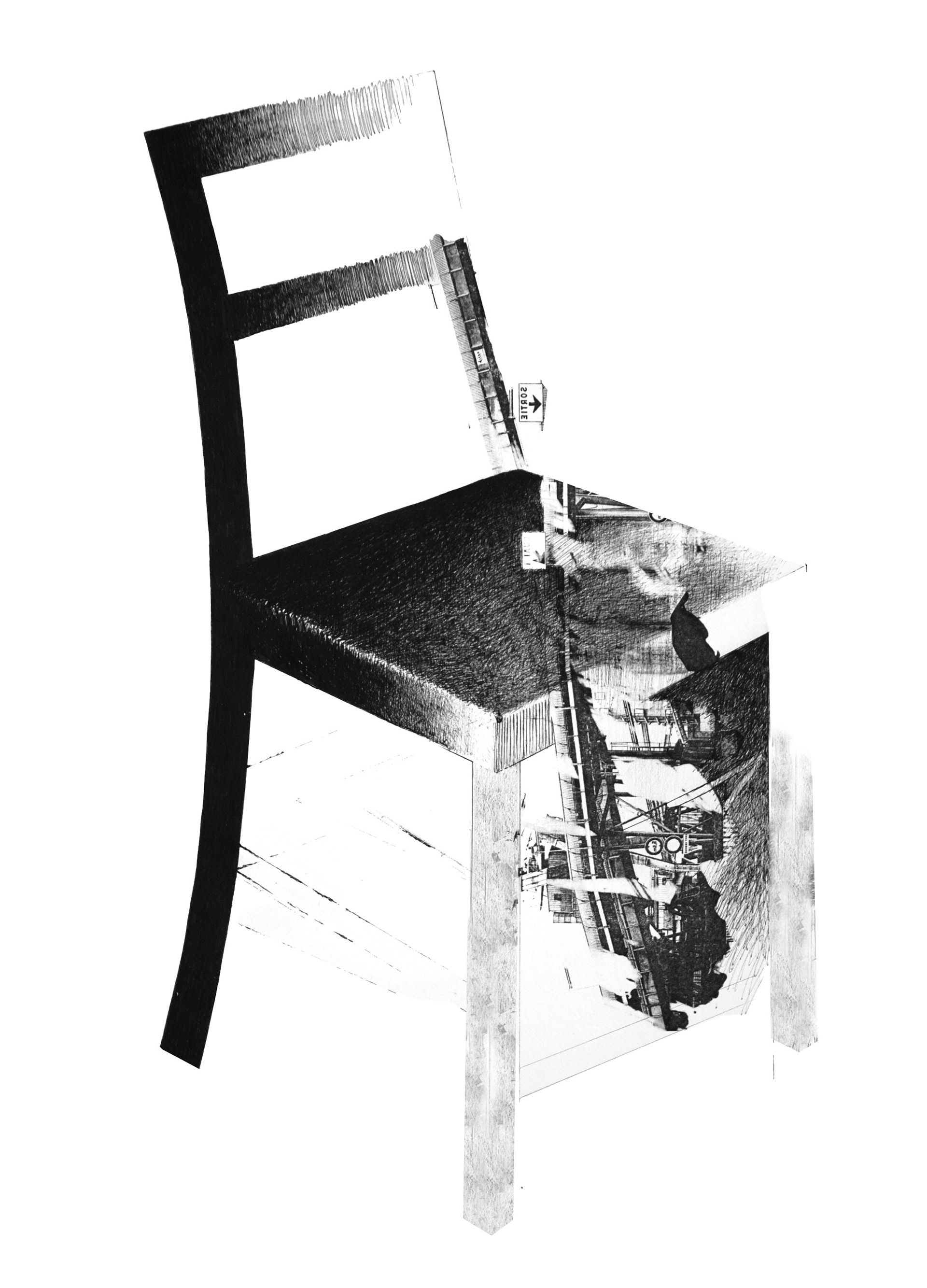 CHAISSE III, encre de Chine et transfert photo sur papier, 50 x 65cm