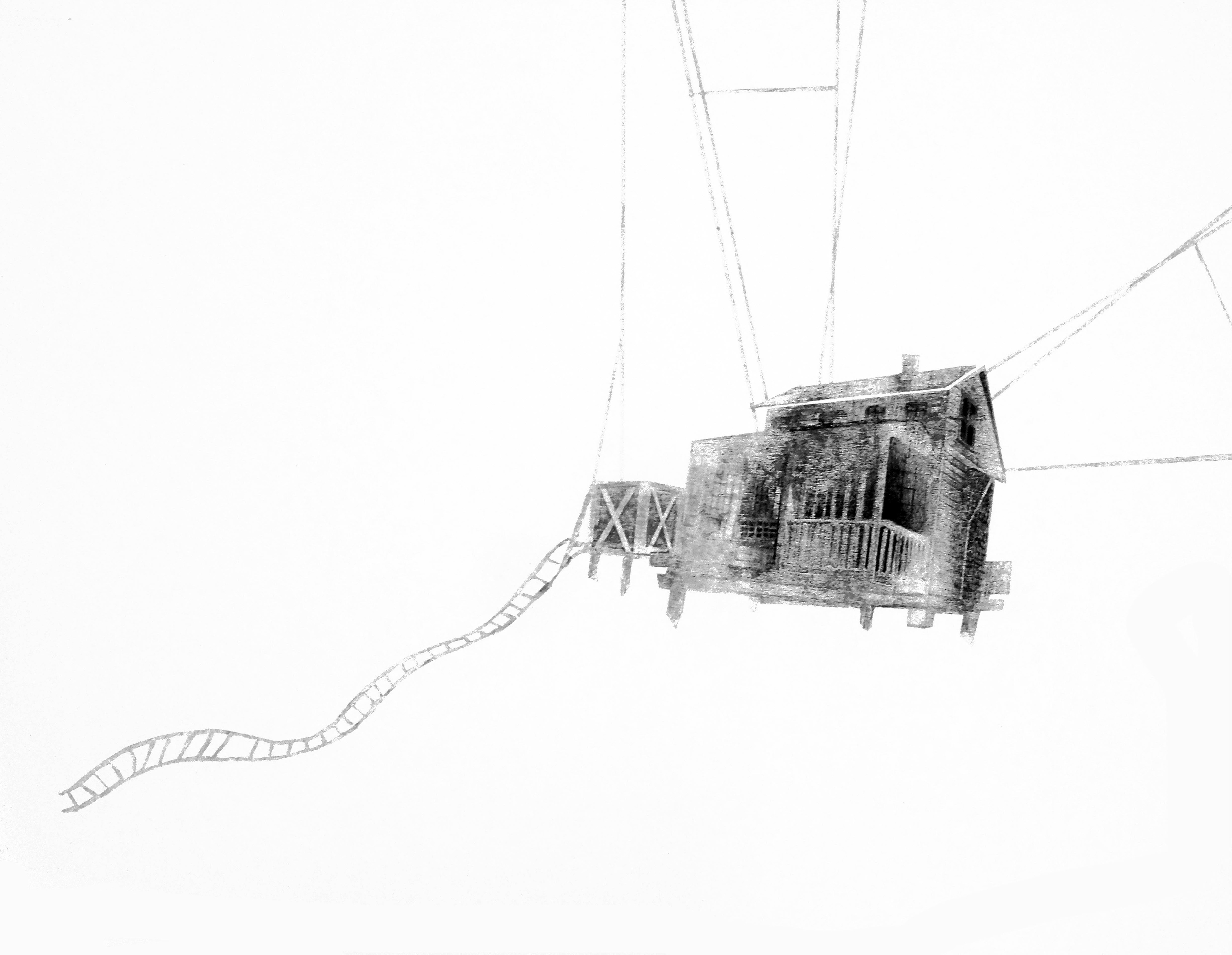 CABANE SUSPENDUE III, encre de Chine, crayon papier, acryl sur bois, 50/60 cm