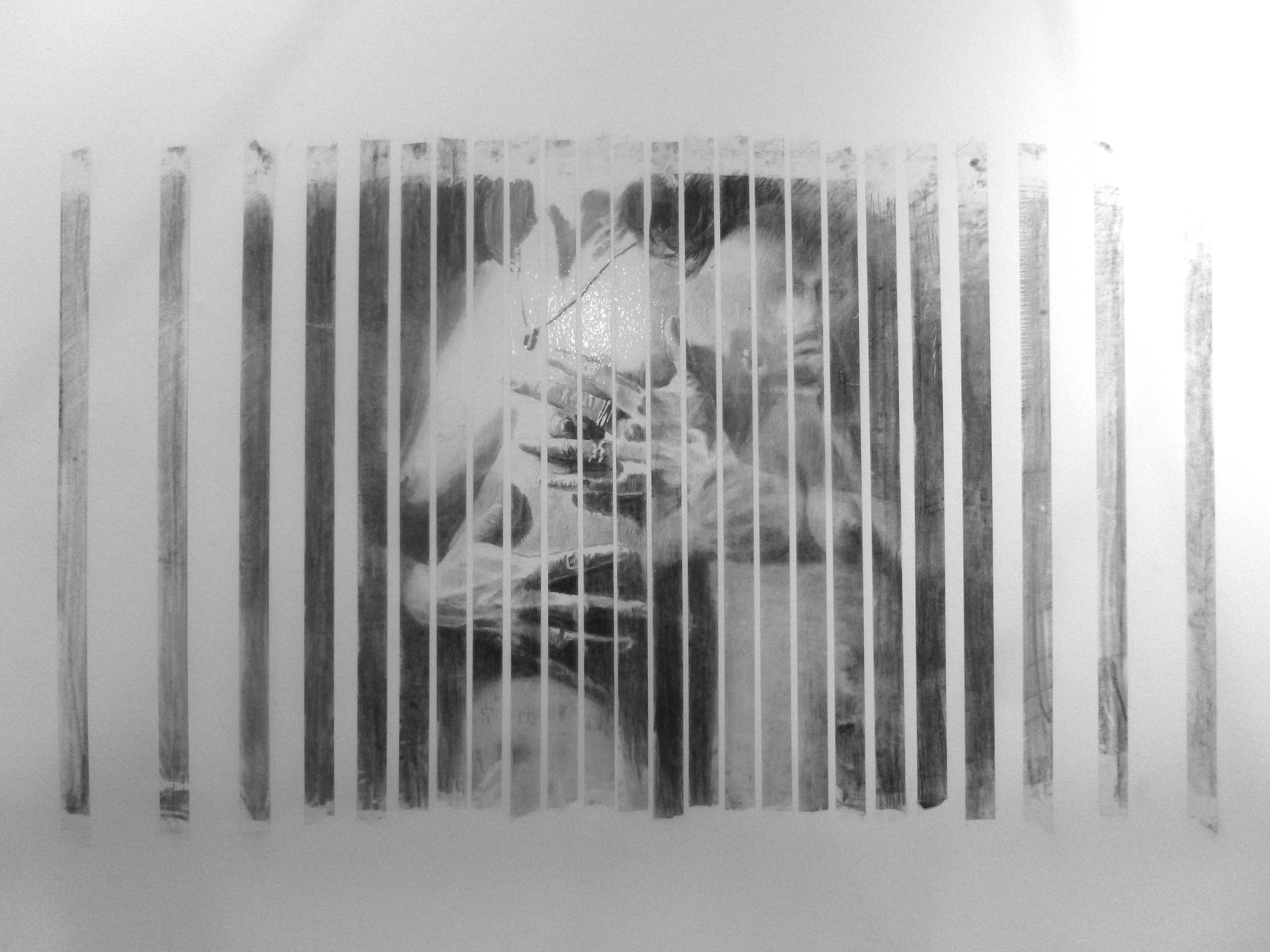 TRACES VI, fusain, ruban transparant collé sur le mur, 220/150 cm