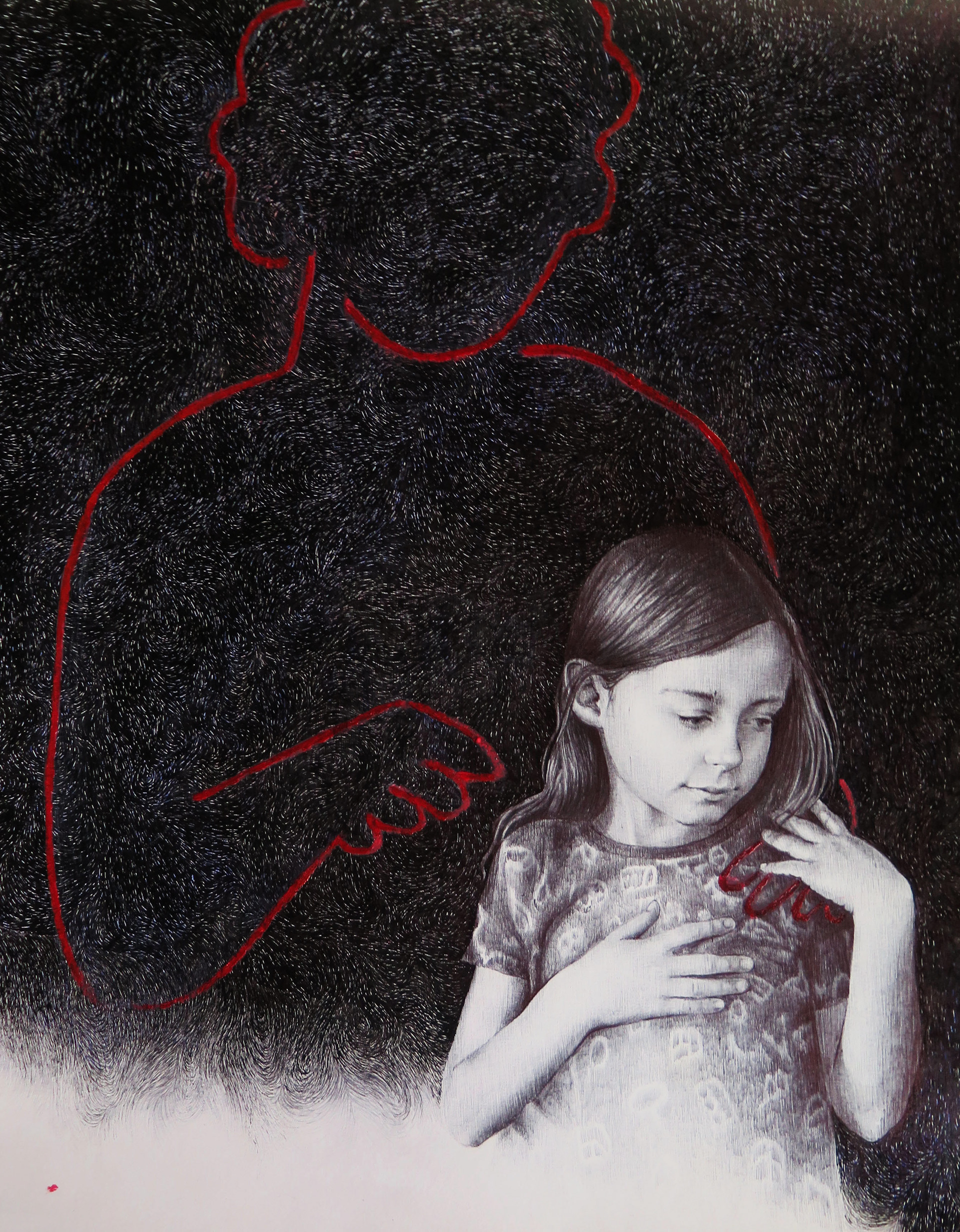 MAMAN, encre de Chine, stylo BIC, crayon aquarelle sur papier, 50/65 cm