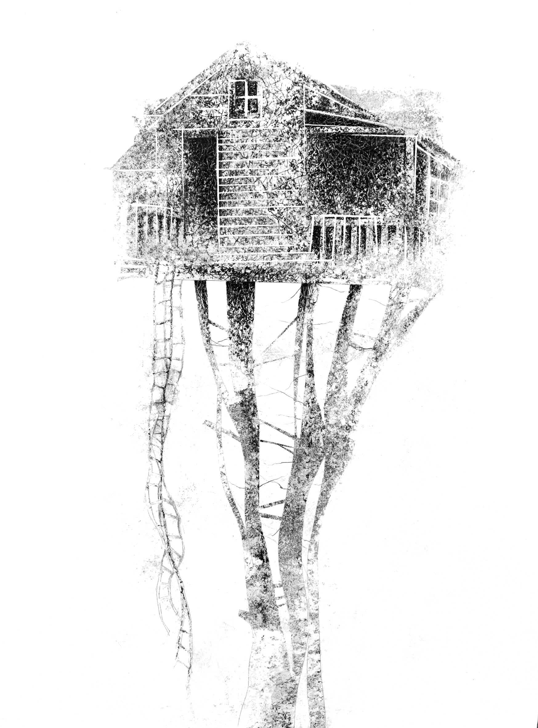 CABANE encre de chine et peinture acrylique sur bois 60/75 cm