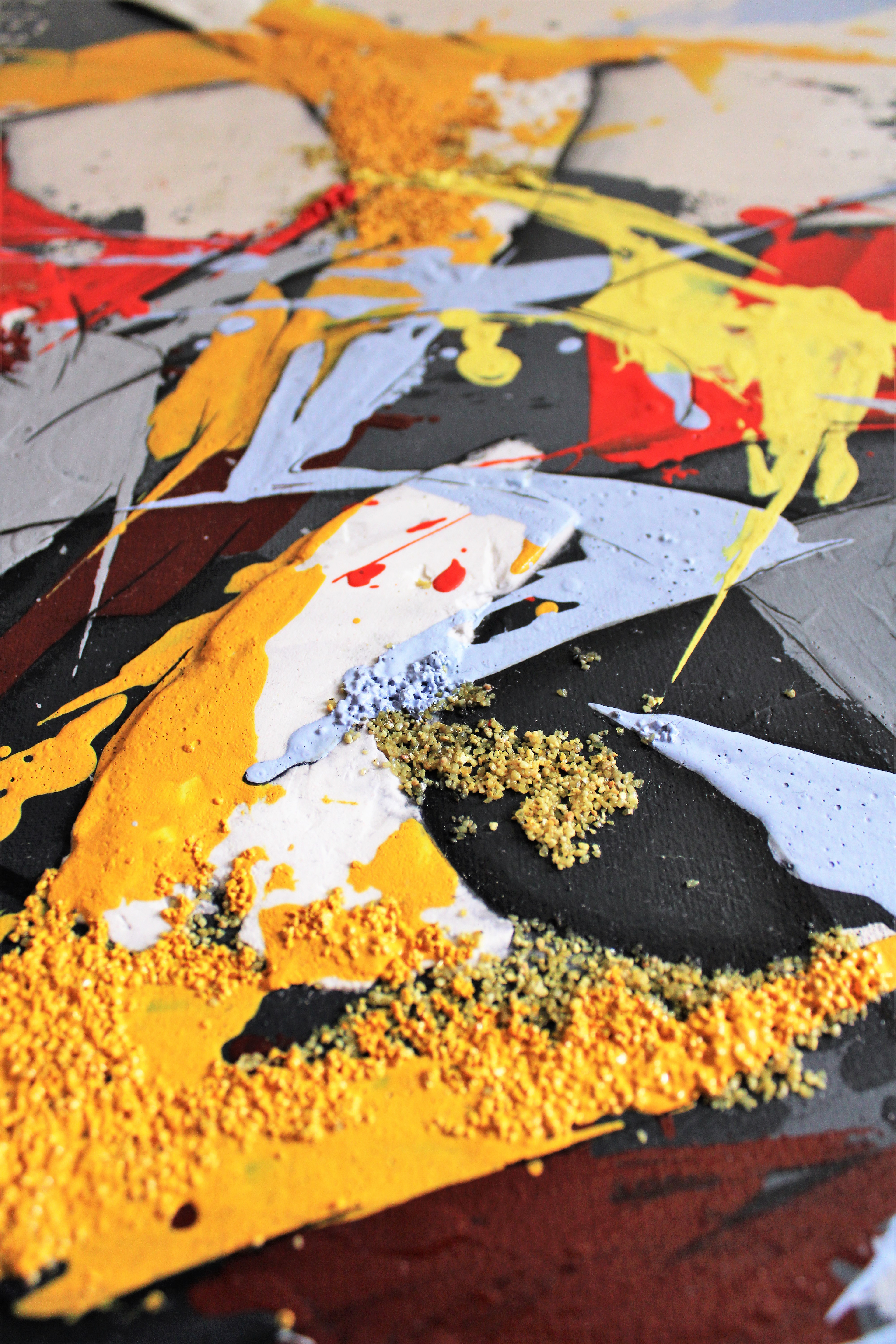 (Close-up center Detail) - In this detailed shot of the lower-right, the use of mixed media is most evident. Granular sand reliefs are embedded within the paint, creating a raw, weathered aesthetic that invites tactile discovery. This section is a testament to the creative strength found within the composition's beautiful, informal chaos.