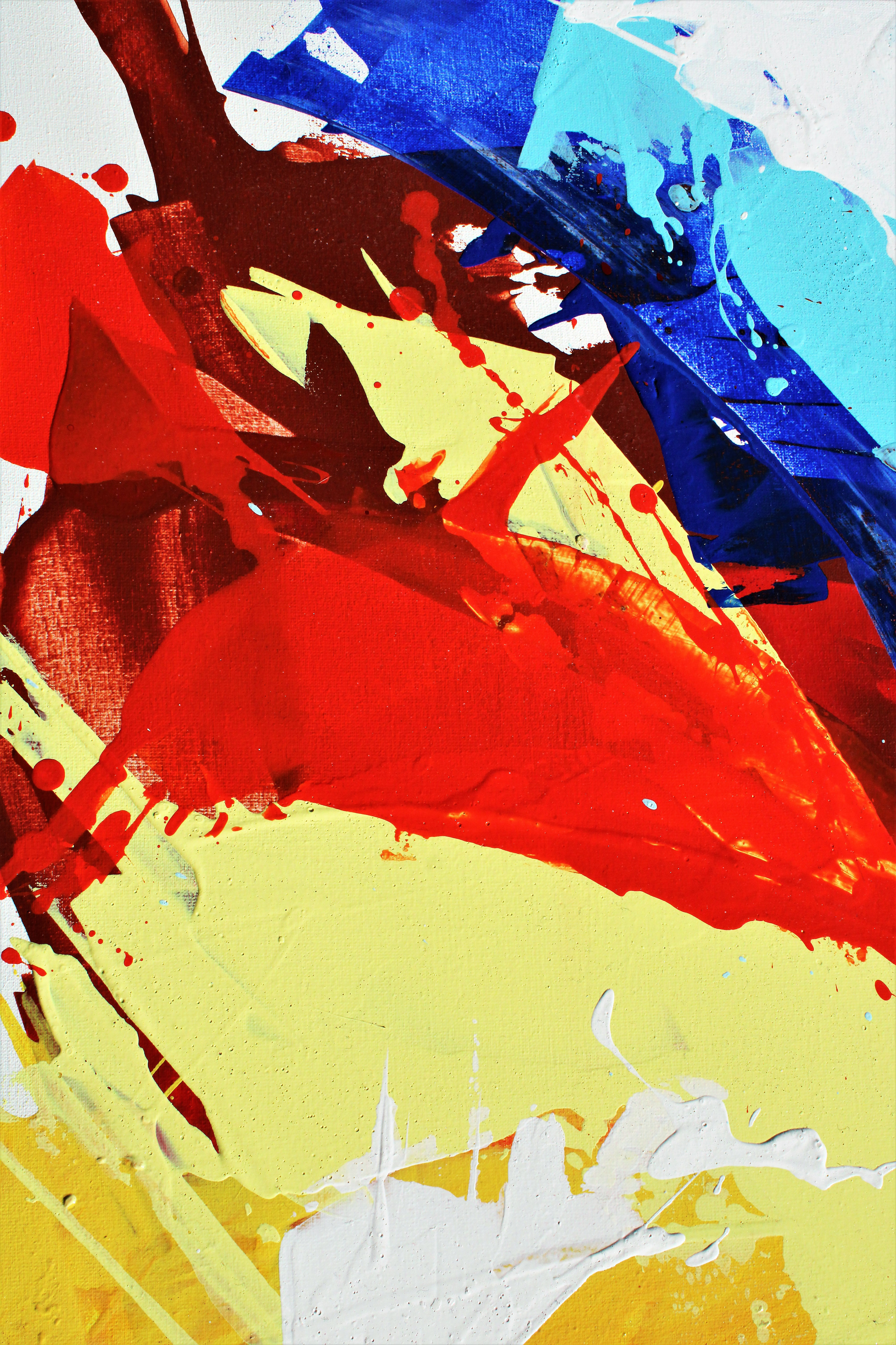 (Center-left Detail) - This close-up emphasizes the power of 'controlled randomness,' where vibrant red and bold yellows collide. The distinct palette knife strokes create organic, sweeping forms that capture a moment of frozen motion.