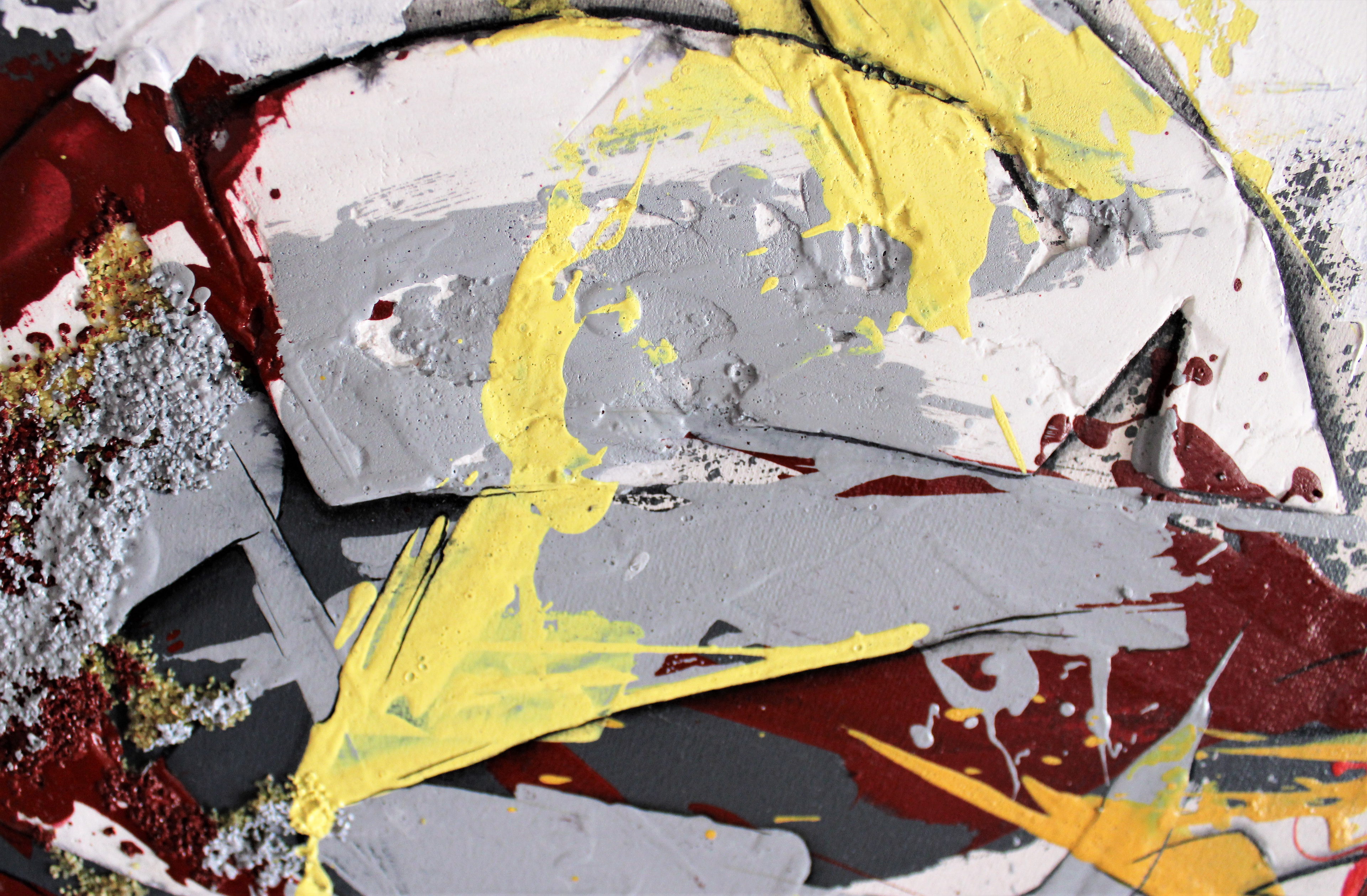 (Top-left Detail) - This close-up captures the intricate interplay of textures in the lower-left section. Heavy palette knife strokes of grey and white putty build a dimensional surface, while raw energy is introduced through explosive red and vibrant yellow paint splatters, evoking the untamed spirit of the city.