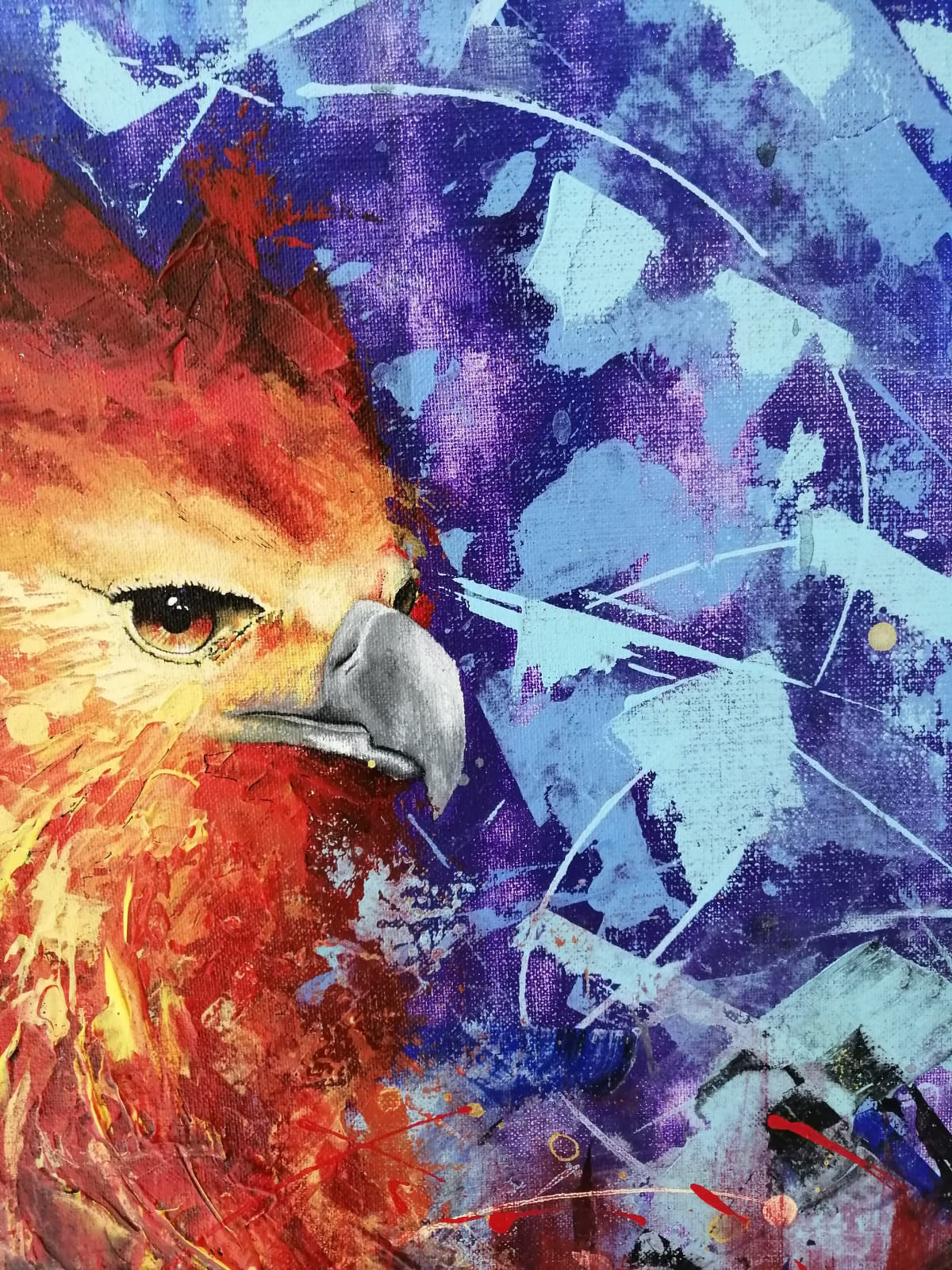 (Center-left Detail) - In this detailed view of the lower head and neck, the vibrant, layered colors of the phoenix are most apparent. The fiery orange and red pigments are applied with a textured, impressionistic approach, mirroring the resilience of the human spirit rising from its own ashes. The bold multi-media reliefs are evident in the thick application of paint, inviting the viewer to feel the pulse of an eternal and untamed energy.